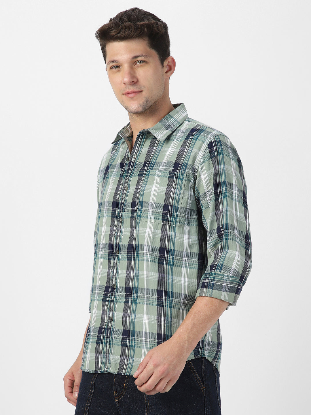 Men's Green Cotton Full Sleeve Regular Fit Casual Checkered Shirt