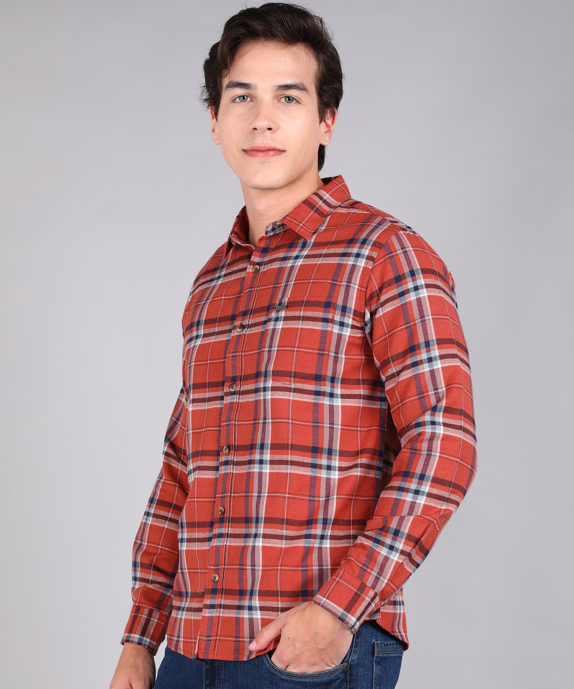 Men's Orange Cotton Full Sleeve Slim Fit Casual Checkered Shirt