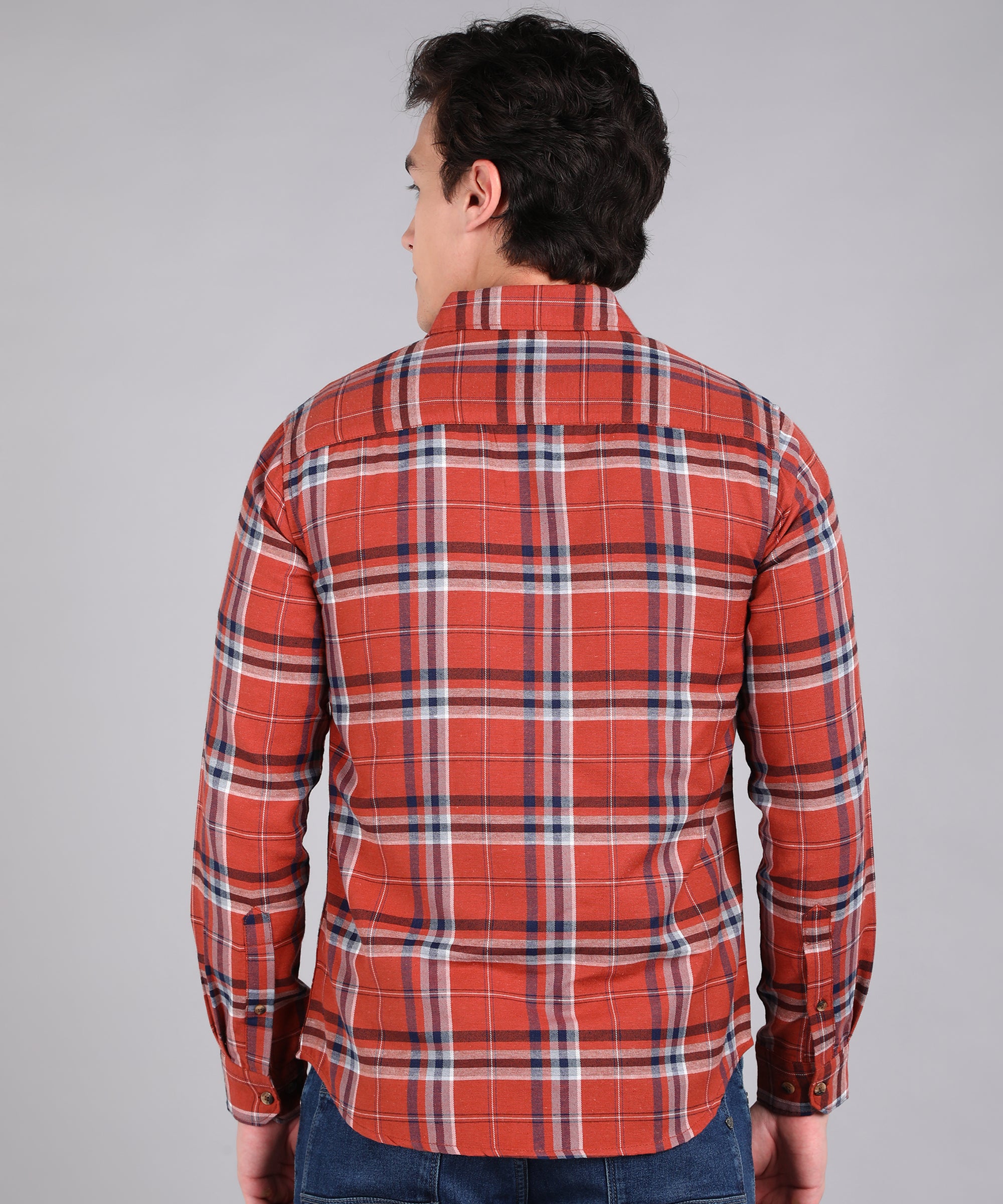 Men's Orange Cotton Full Sleeve Slim Fit Casual Checkered Shirt