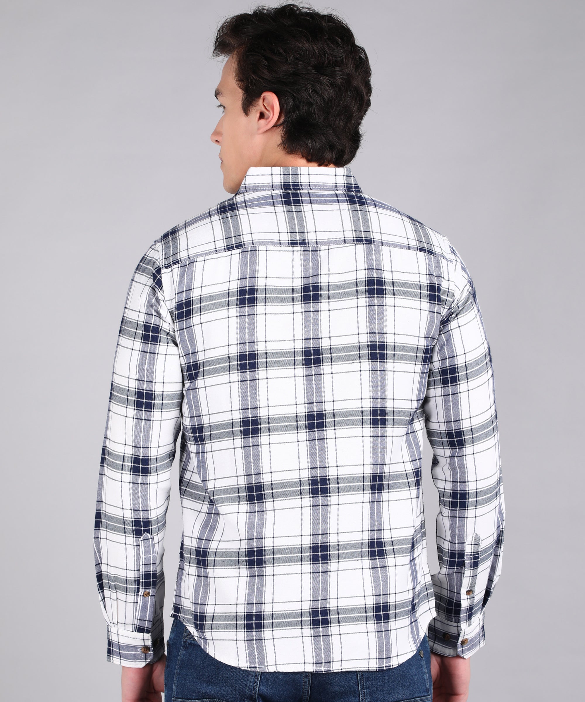 Men's White Cotton Full Sleeve Slim Fit Casual Checkered Shirt