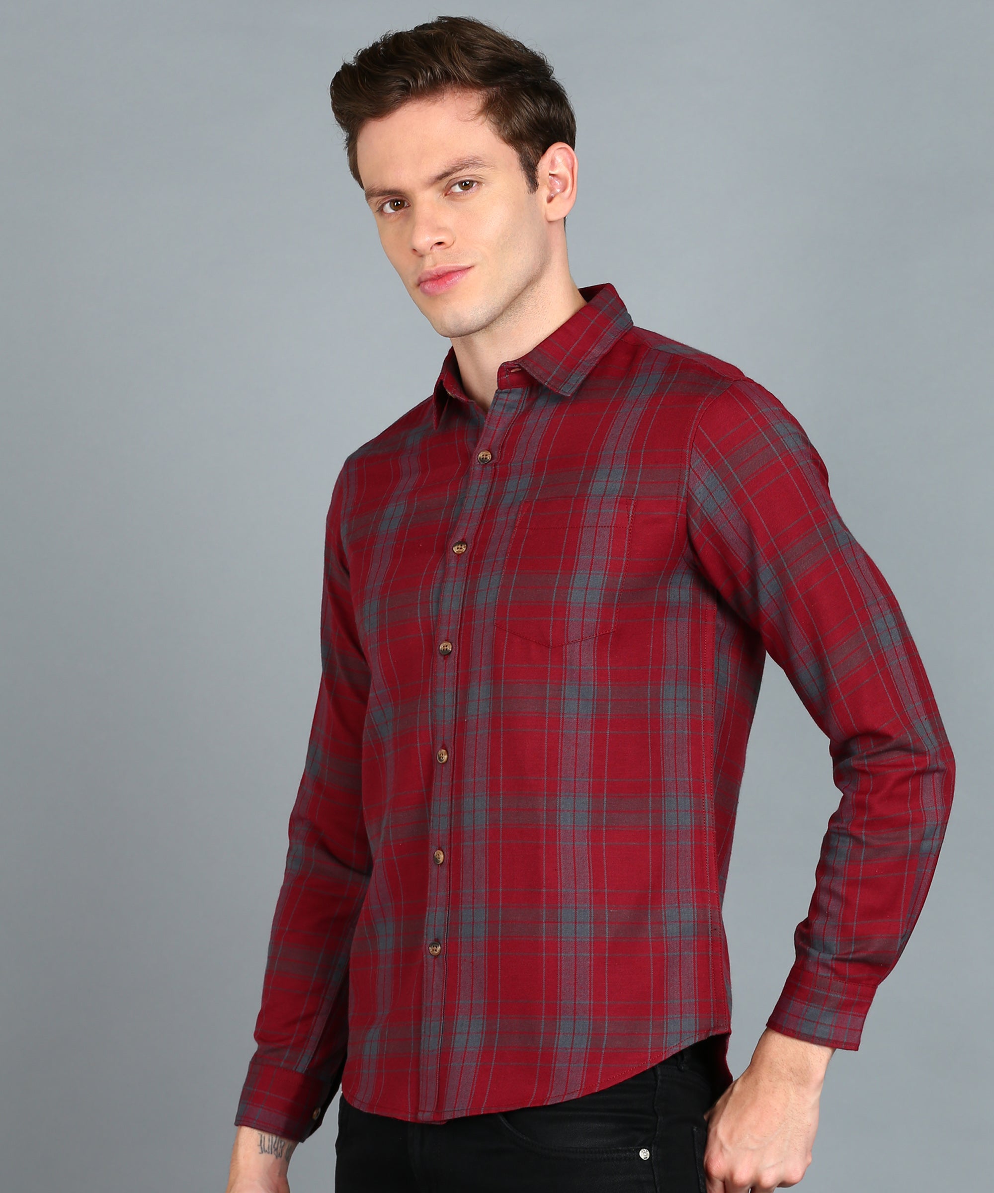 Men's Red Cotton Full Sleeve Slim Fit Casual Checkered Shirt