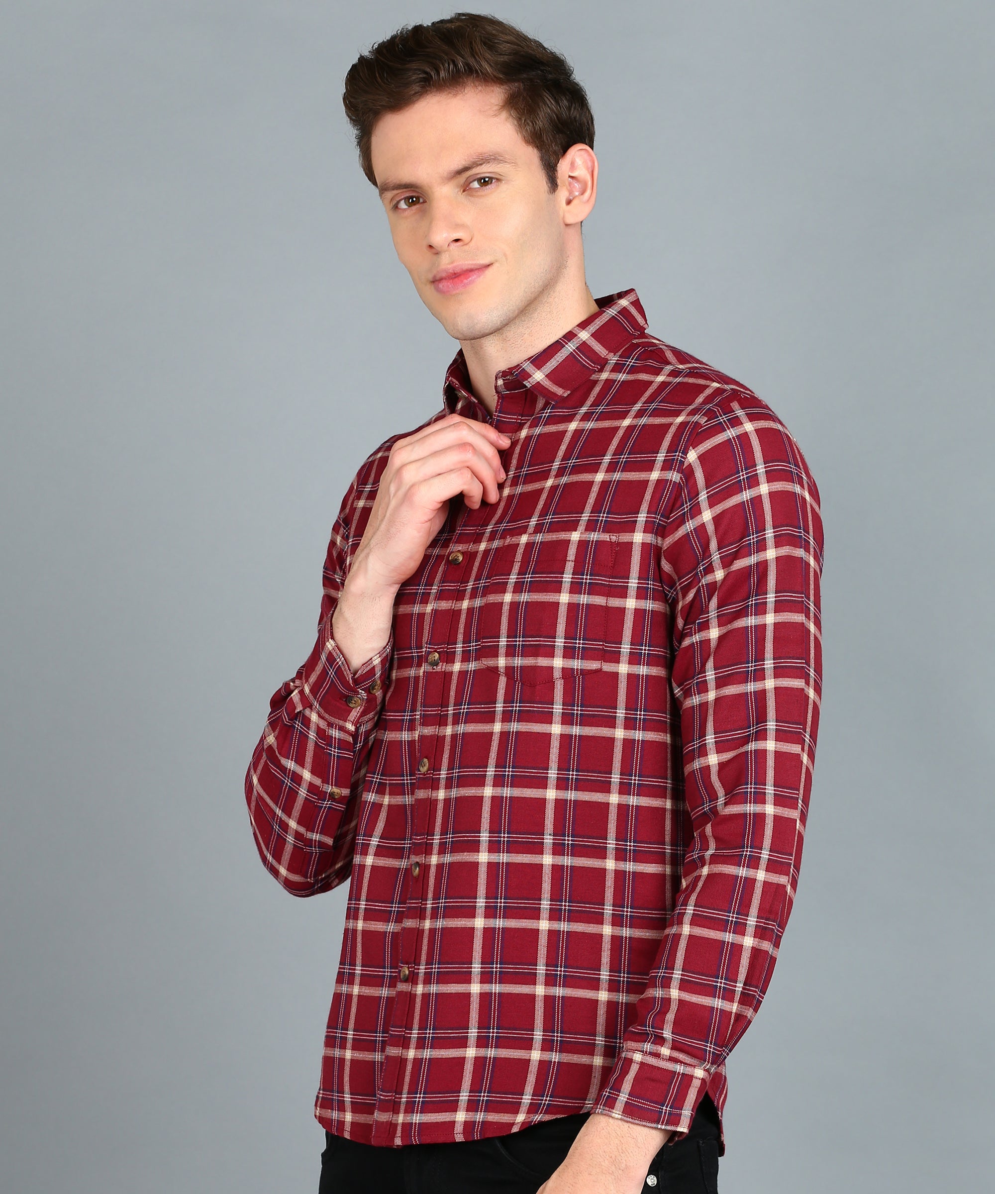 Men's Red Cotton Full Sleeve Slim Fit Casual Checkered Shirt