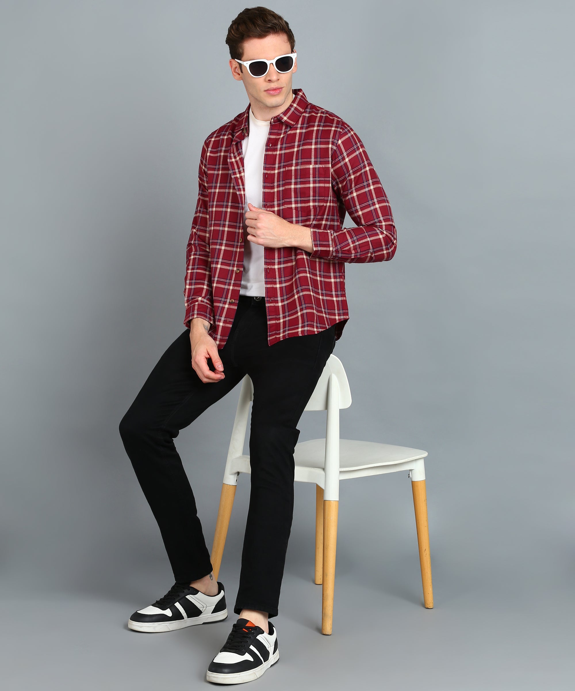 Men's Red Cotton Full Sleeve Slim Fit Casual Checkered Shirt