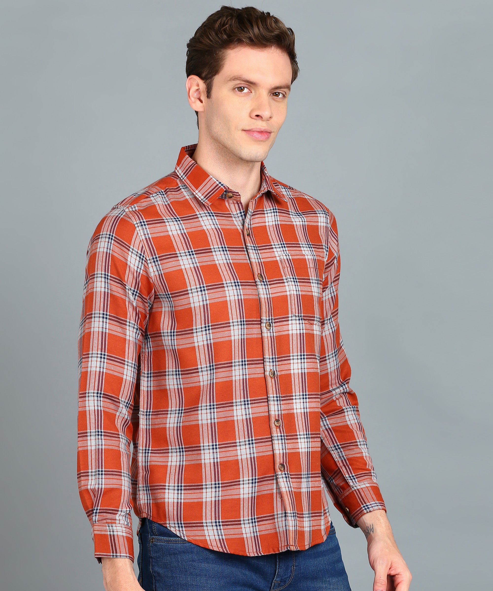 Men's Orange Cotton Full Sleeve Slim Fit Casual Checkered Shirt