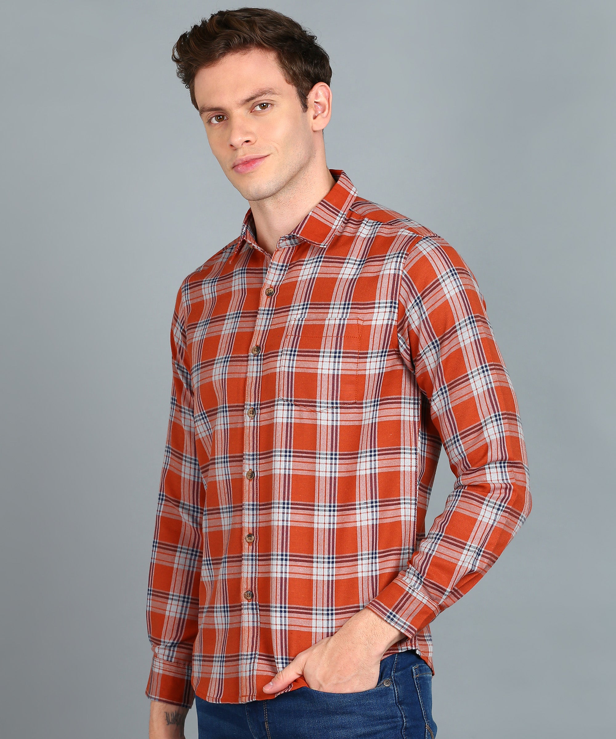 Men's Orange Cotton Full Sleeve Slim Fit Casual Checkered Shirt