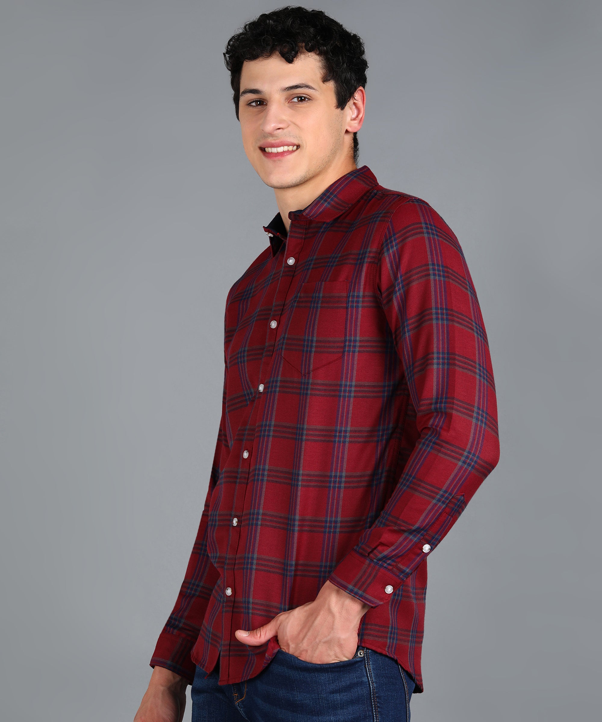 Men's Red Cotton Full Sleeve Slim Fit Casual Checkered Shirt