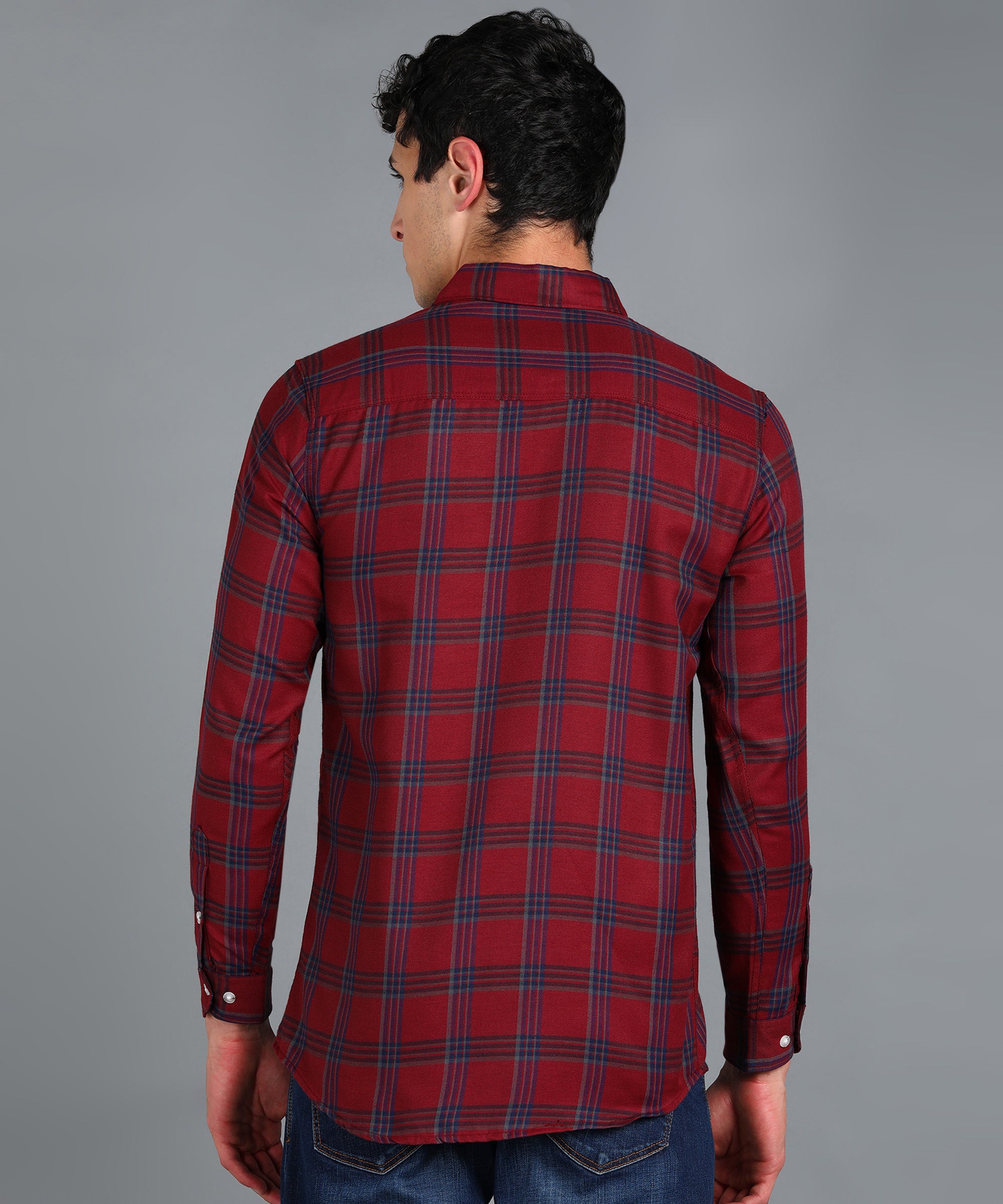 Men's Red Cotton Full Sleeve Slim Fit Casual Checkered Shirt