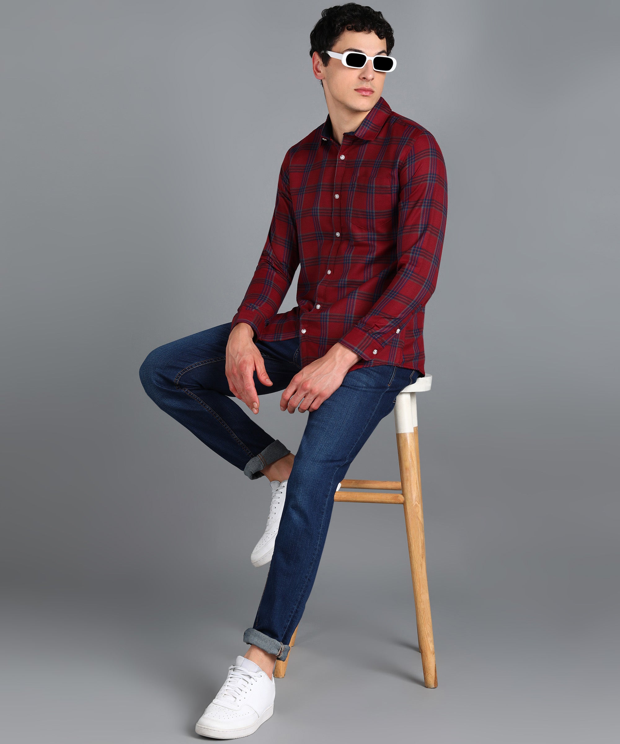 Men's Red Cotton Full Sleeve Slim Fit Casual Checkered Shirt