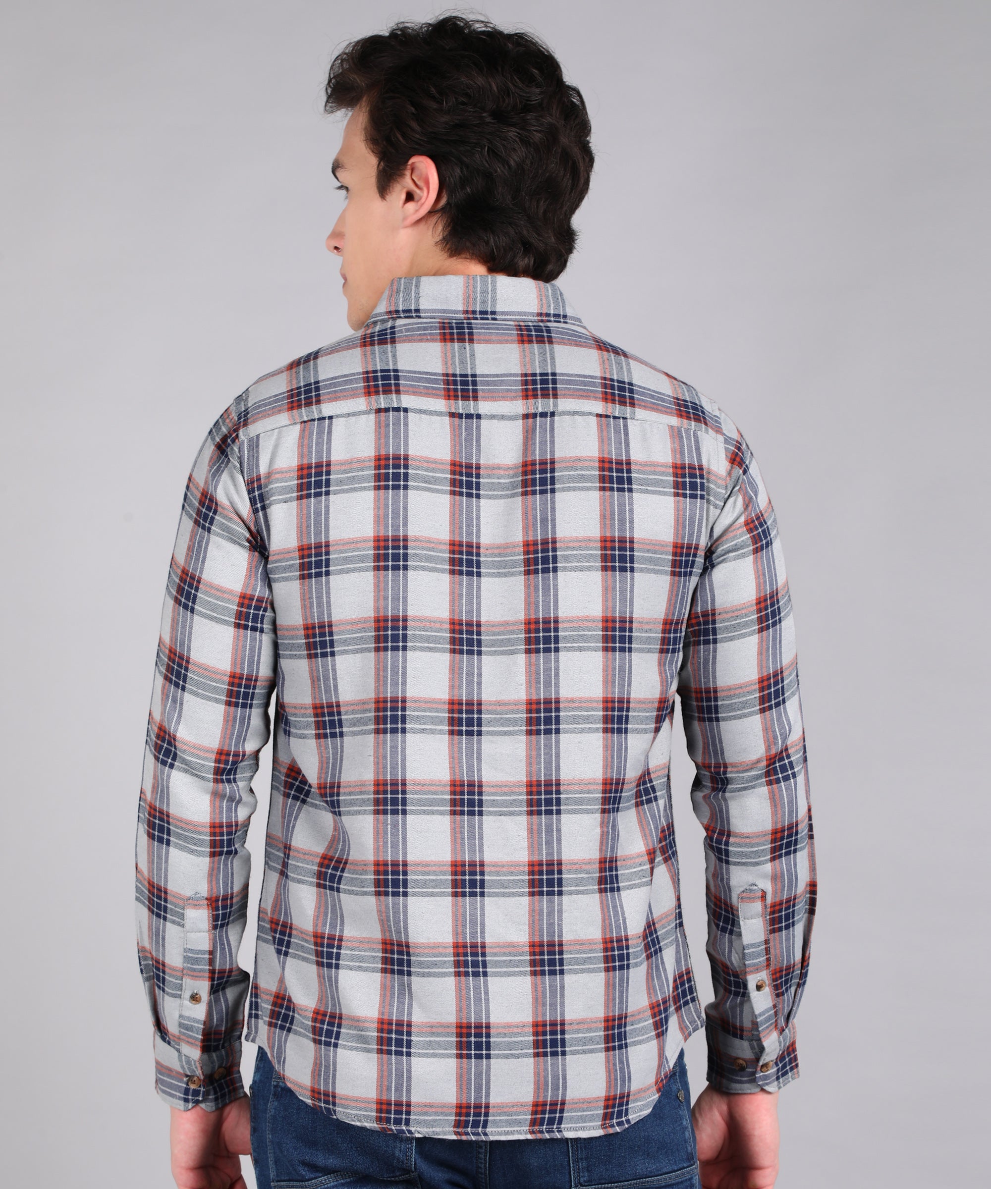 Men's Grey Cotton Full Sleeve Slim Fit Casual Checkered Shirt