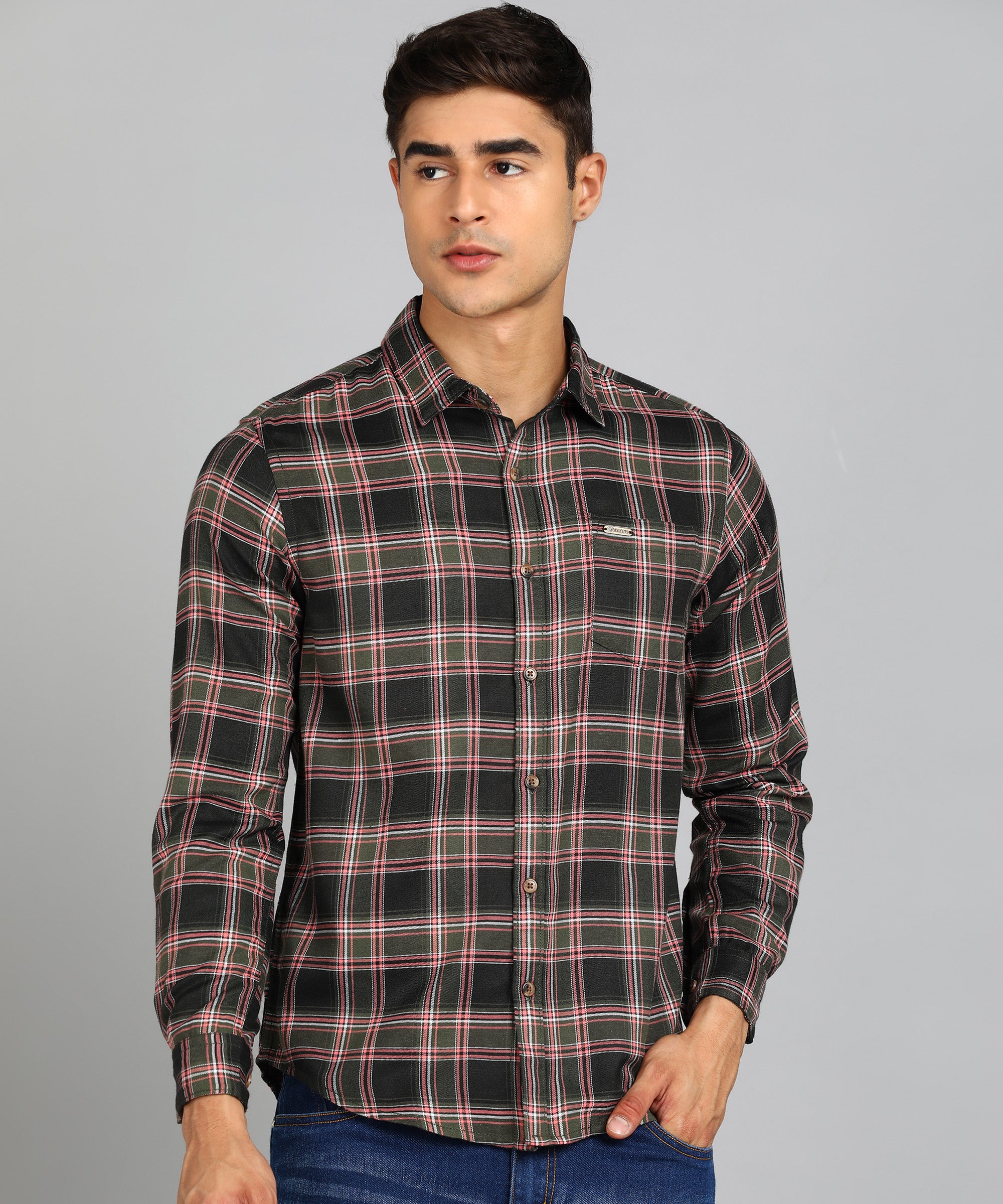 Men's Green Cotton Full Sleeve Slim Fit Casual Checkered Shirt