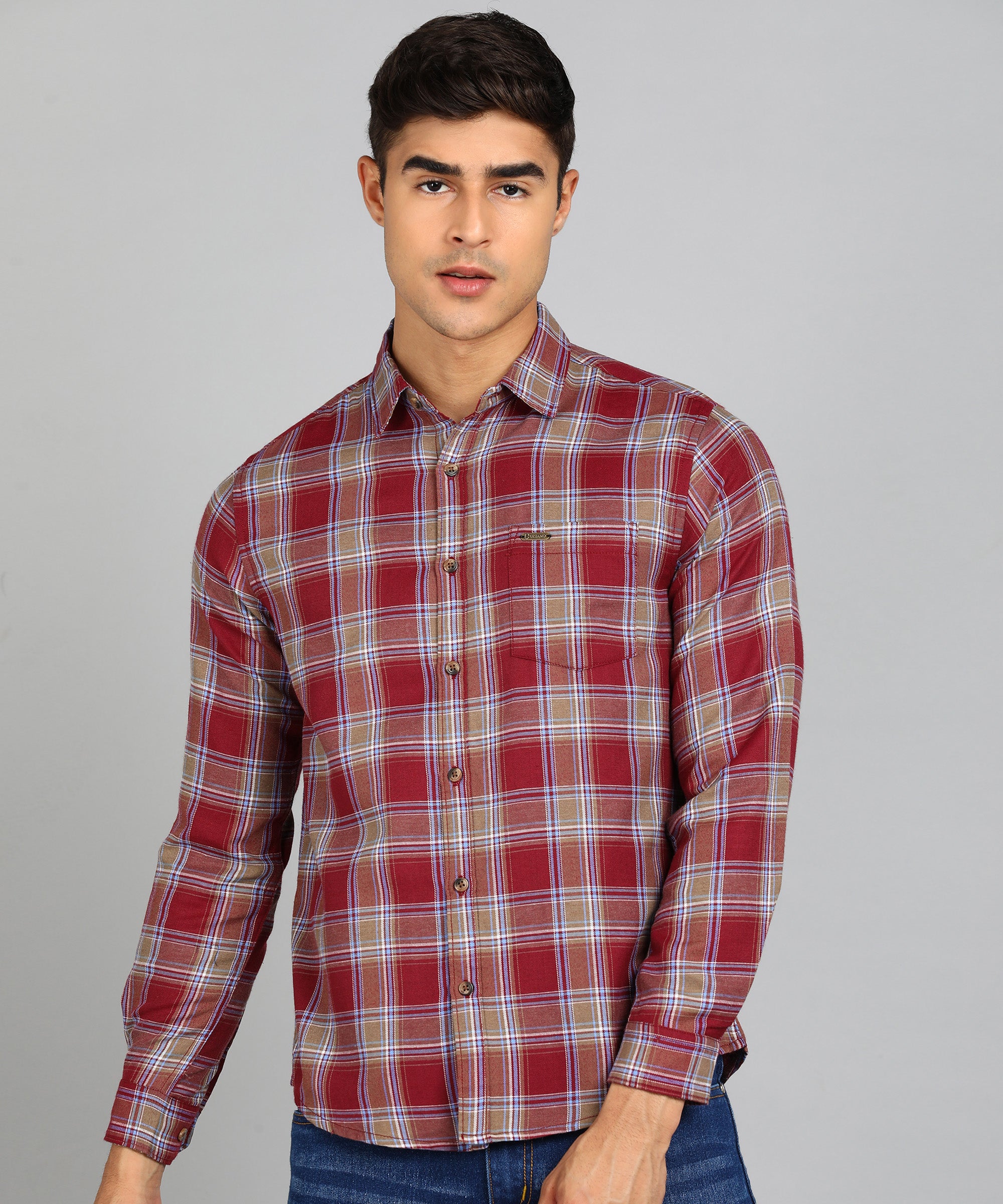 Men's Red Cotton Full Sleeve Slim Fit Casual Checkered Shirt