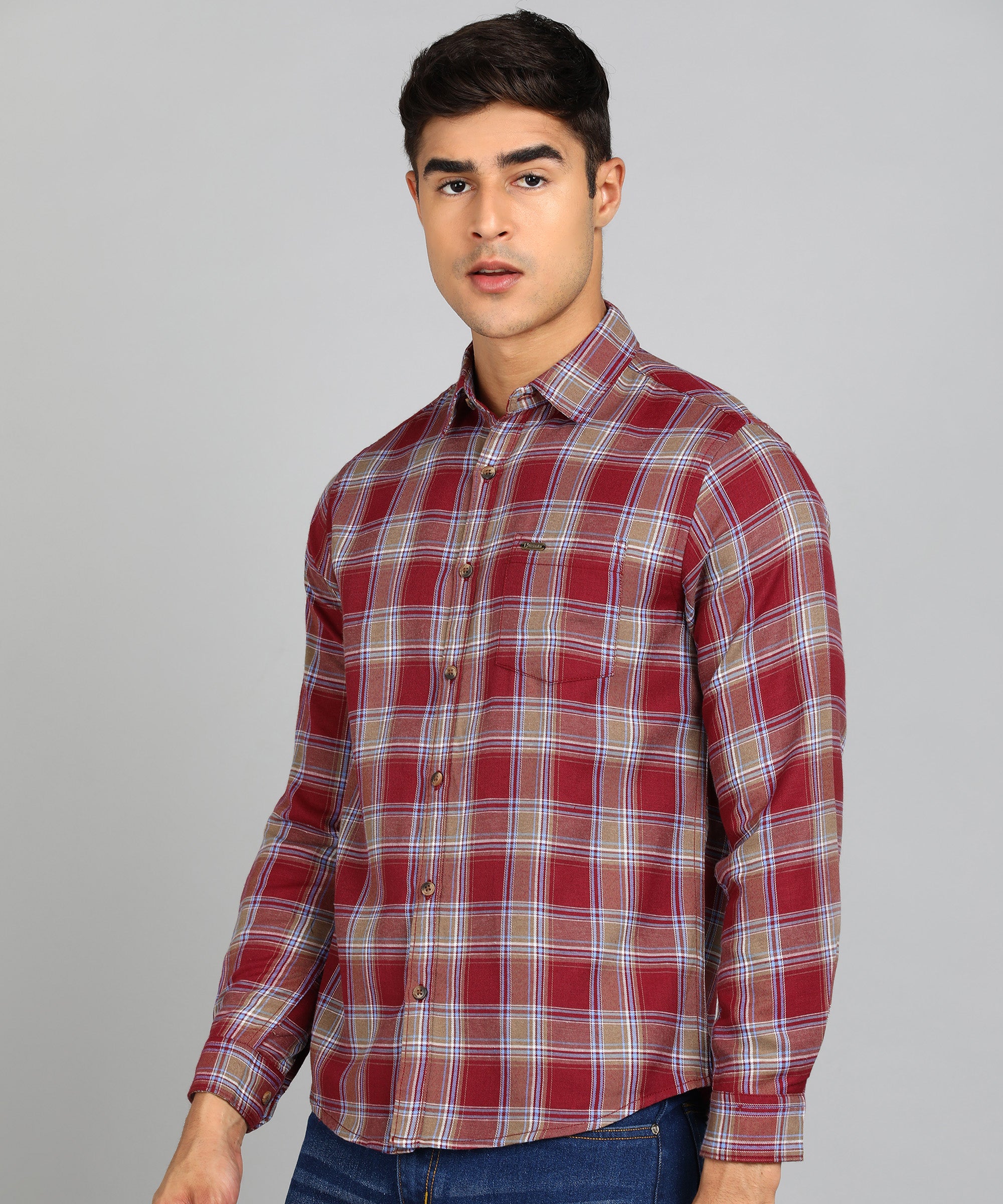 Men's Red Cotton Full Sleeve Slim Fit Casual Checkered Shirt