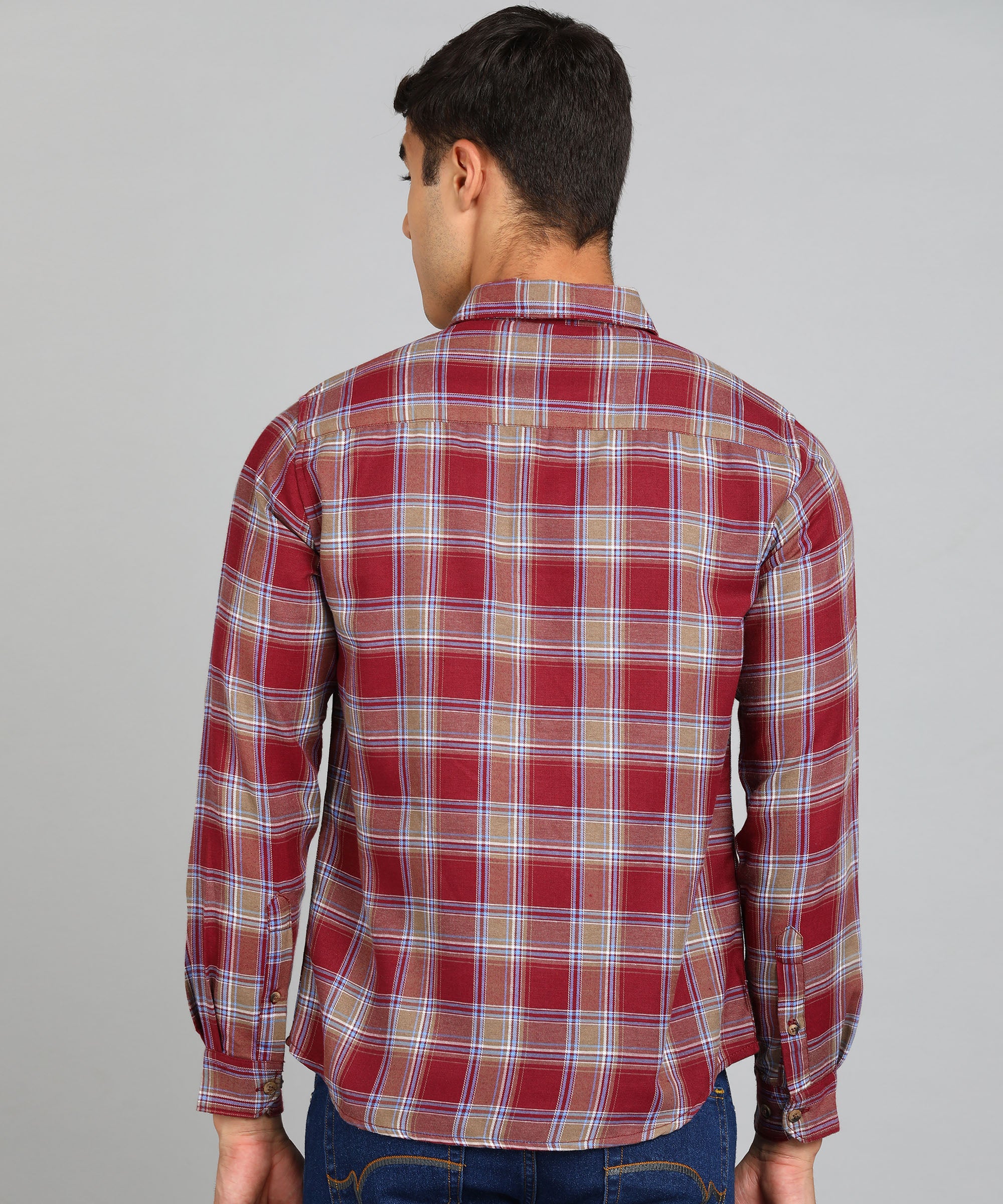 Men's Red Cotton Full Sleeve Slim Fit Casual Checkered Shirt