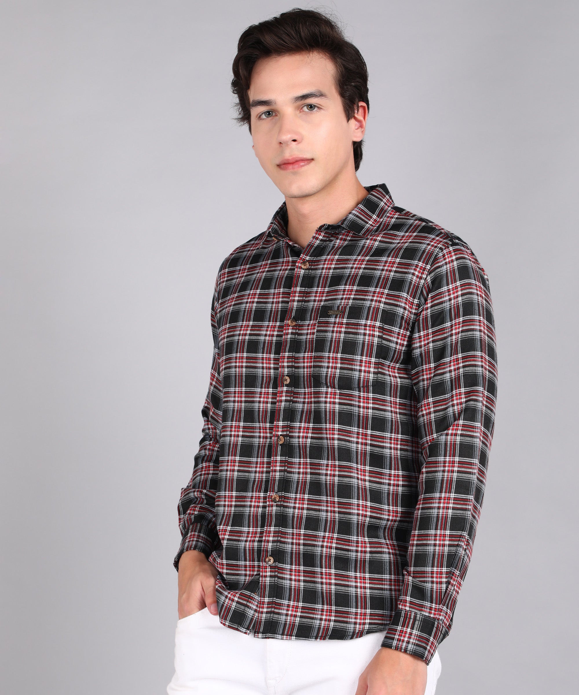 Men's Black Cotton Full Sleeve Slim Fit Casual Checkered Shirt