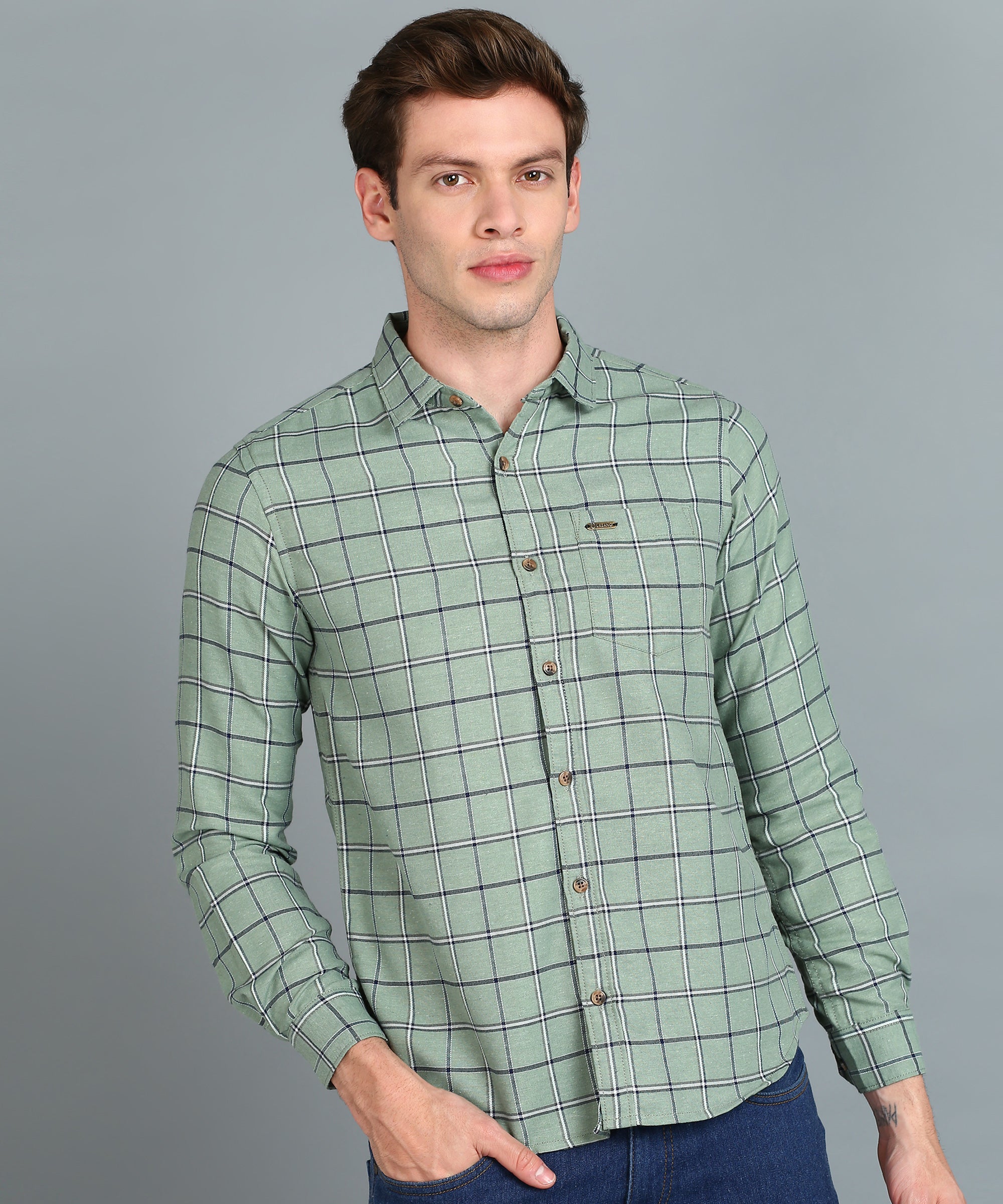 Men's Grey Cotton Full Sleeve Slim Fit Casual Checkered Shirt