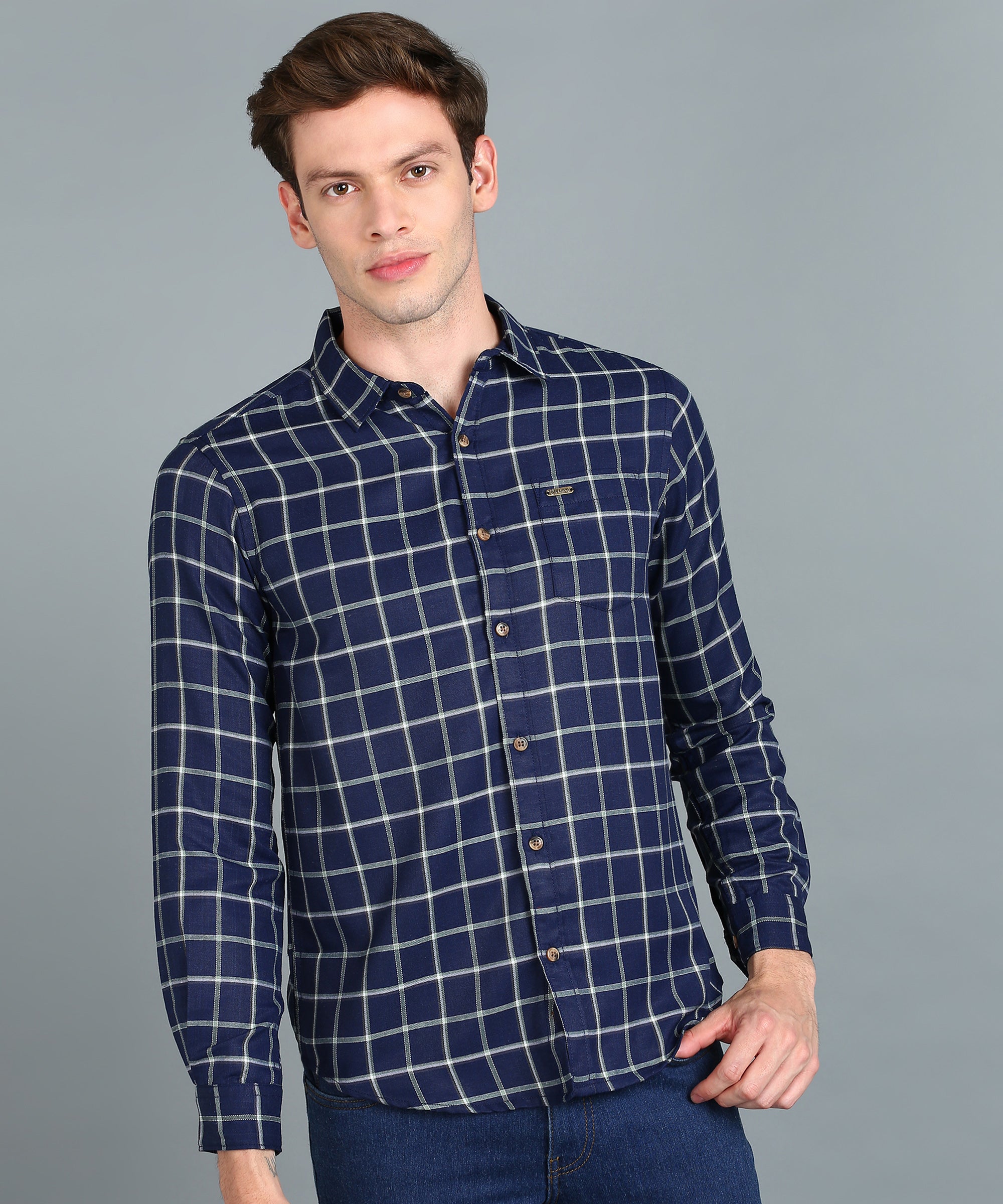 Men's Blue Cotton Full Sleeve Slim Fit Casual Checkered Shirt