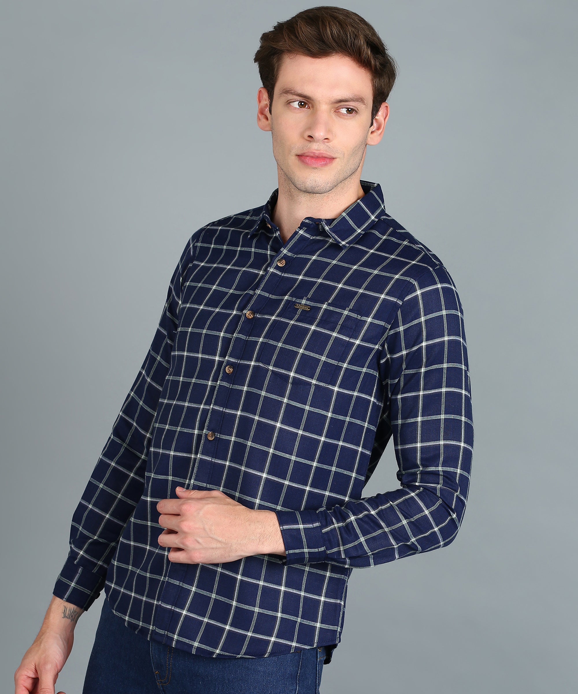 Men's Blue Cotton Full Sleeve Slim Fit Casual Checkered Shirt