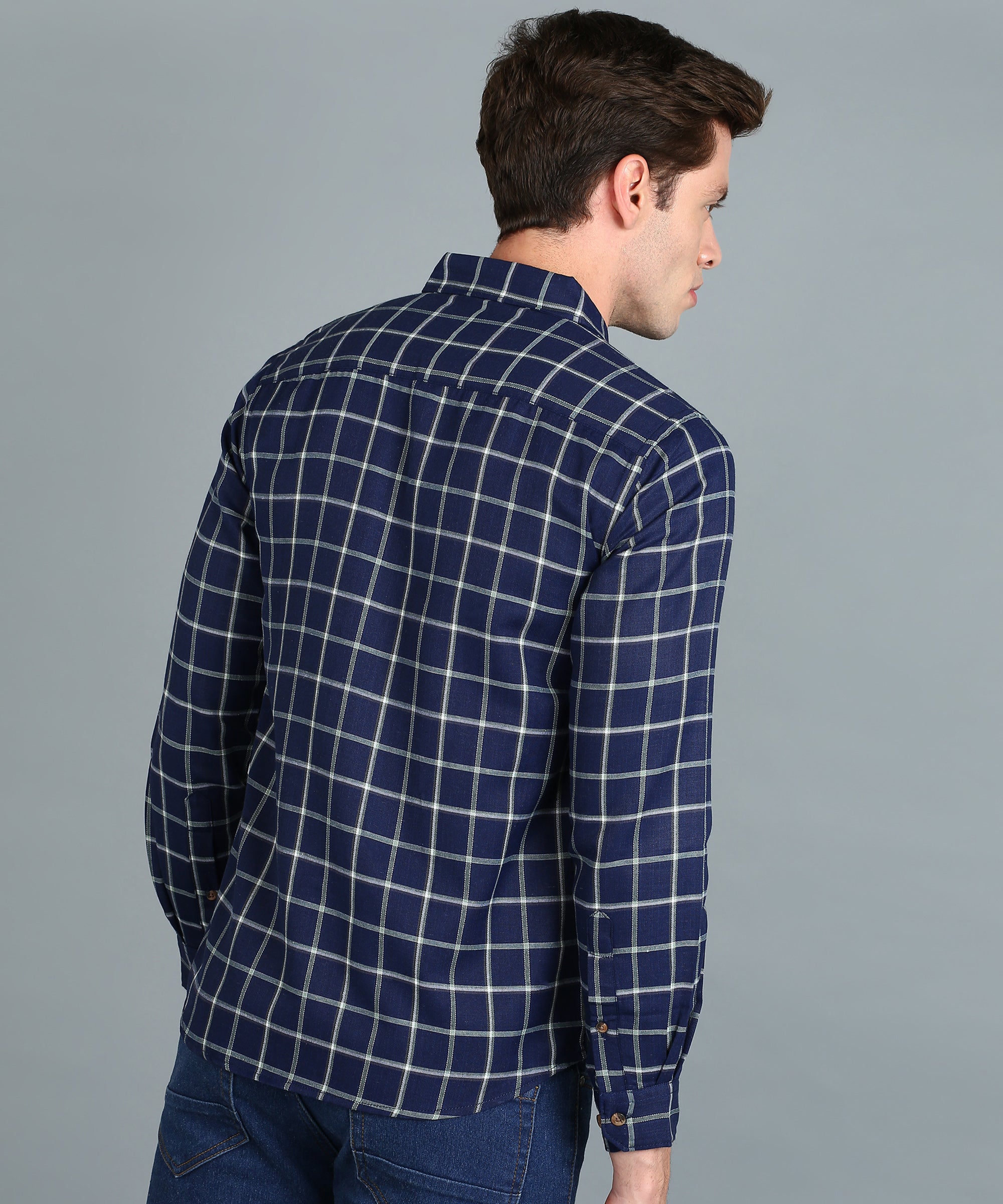 Men's Blue Cotton Full Sleeve Slim Fit Casual Checkered Shirt