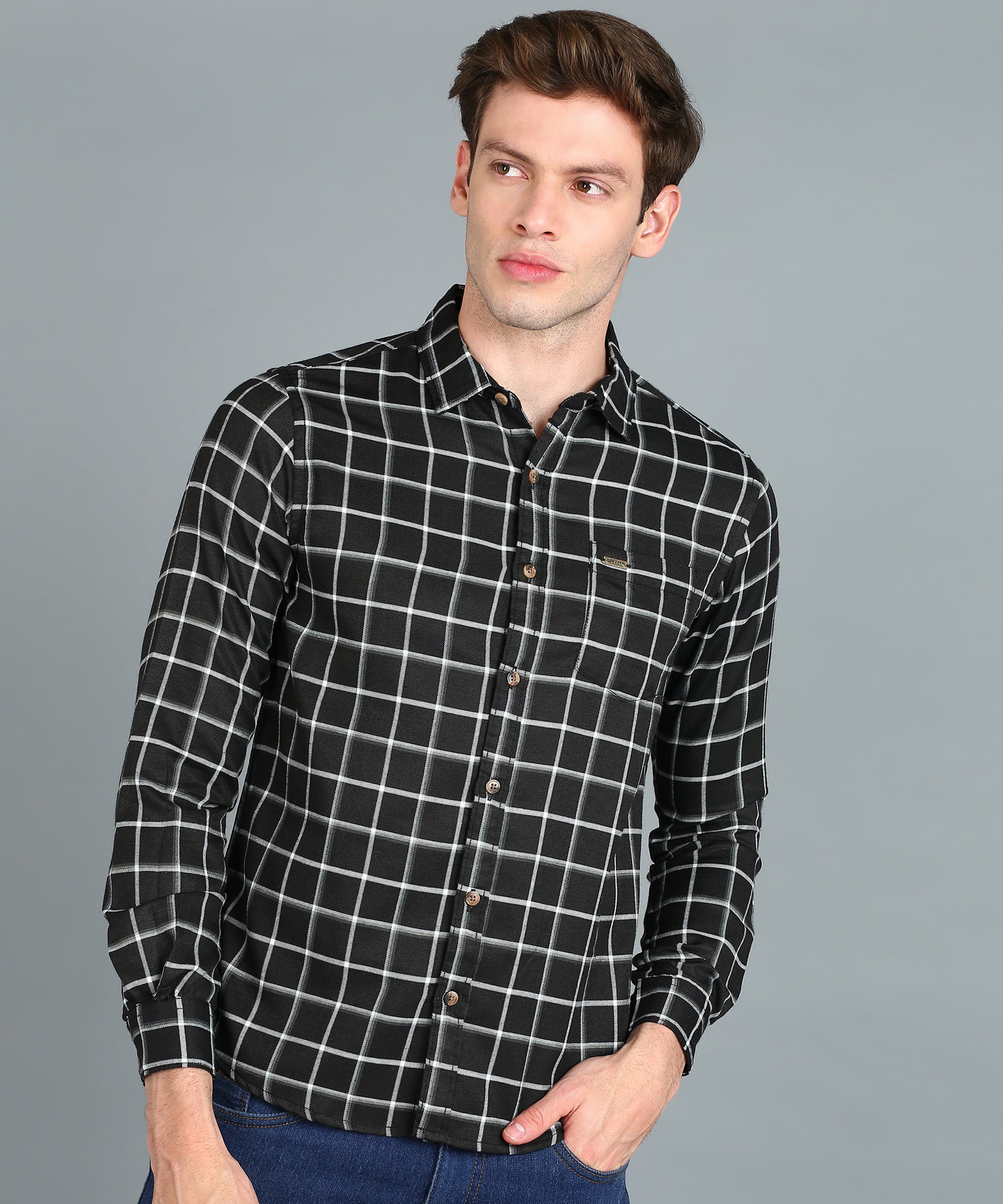 Men's Black Cotton Full Sleeve Slim Fit Casual Checkered Shirt