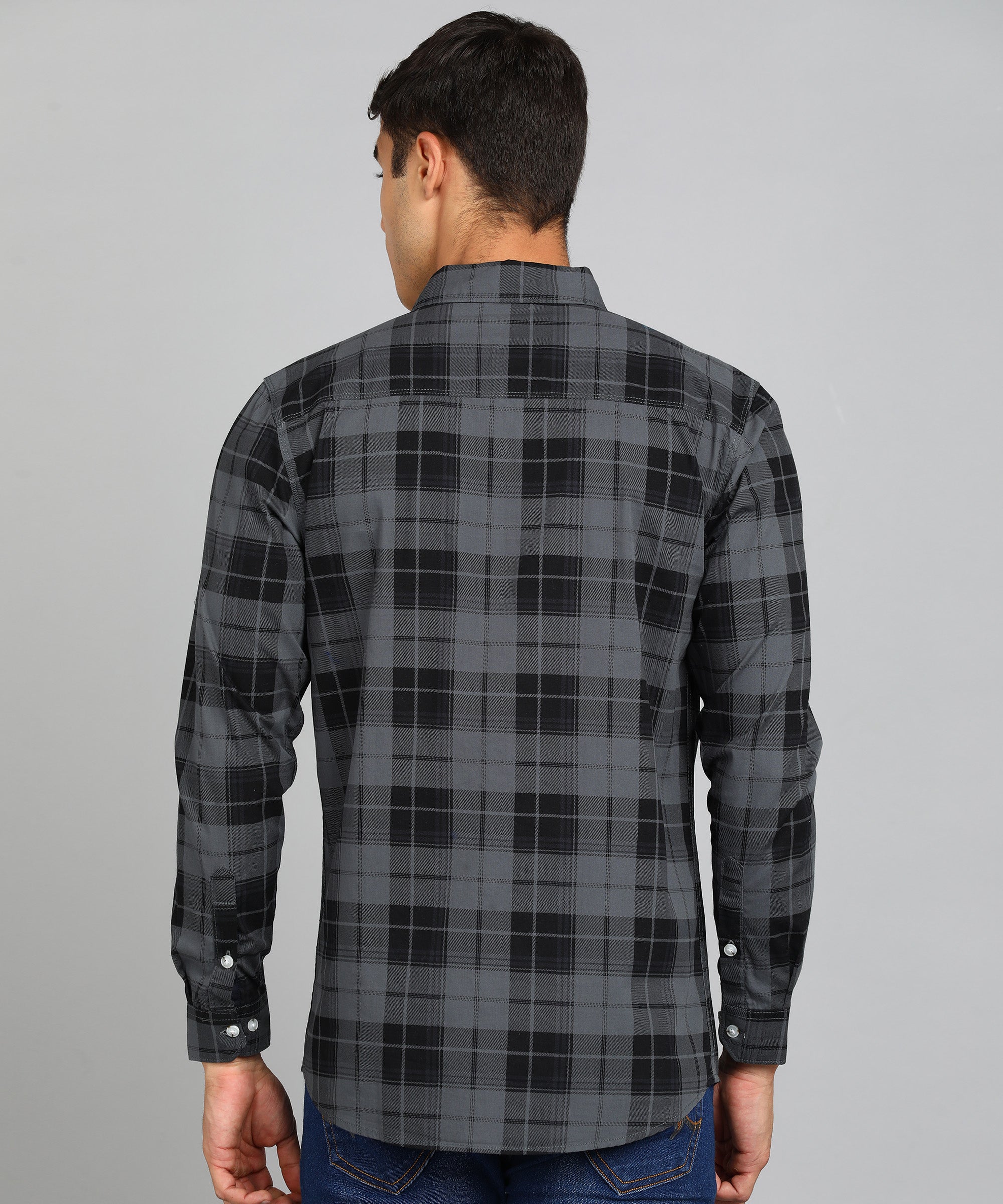 Men's Grey Cotton Full Sleeve Slim Fit Casual Checkered Shirt