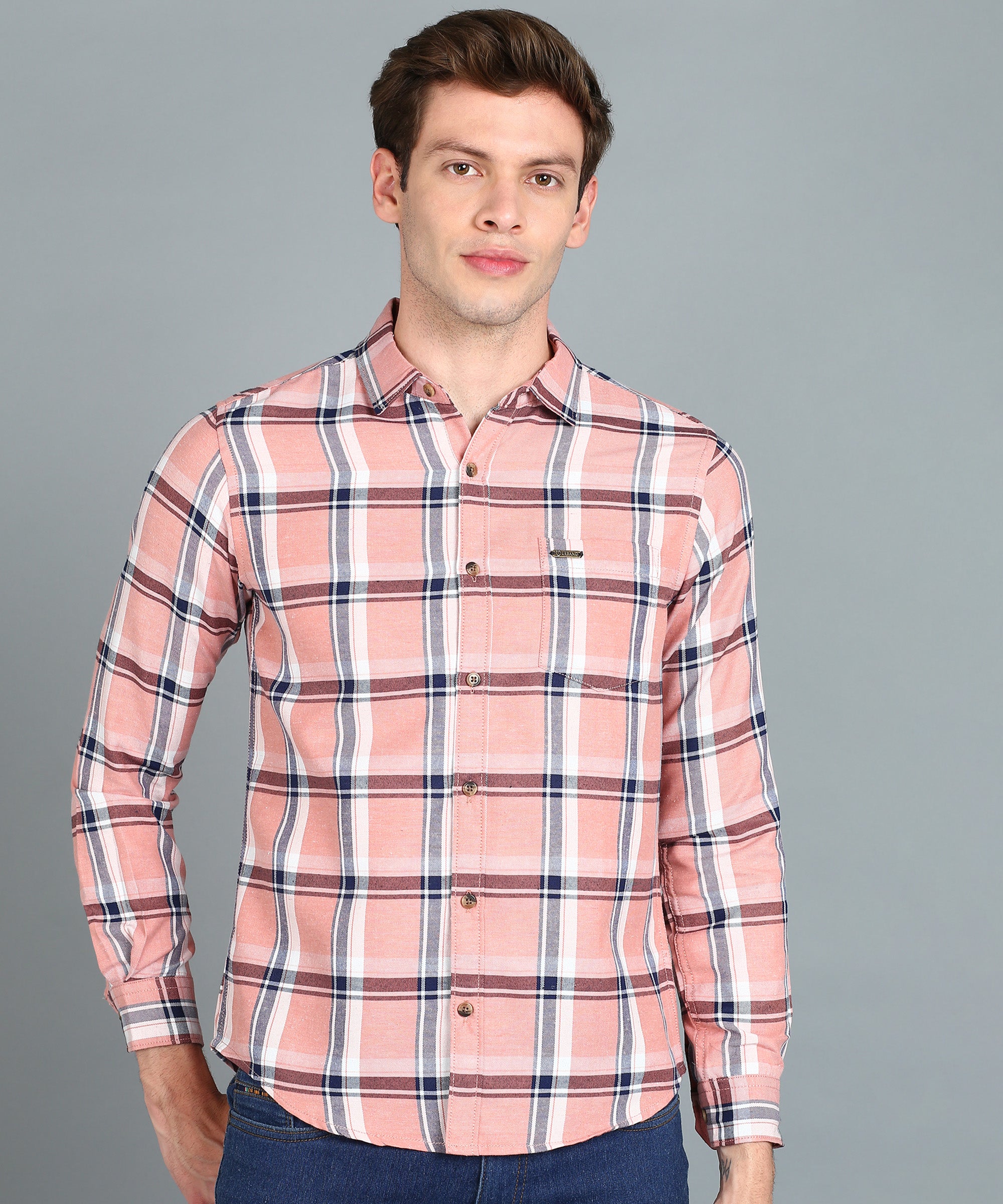 Men's Pink Cotton Full Sleeve Slim Fit Casual Checkered Shirt