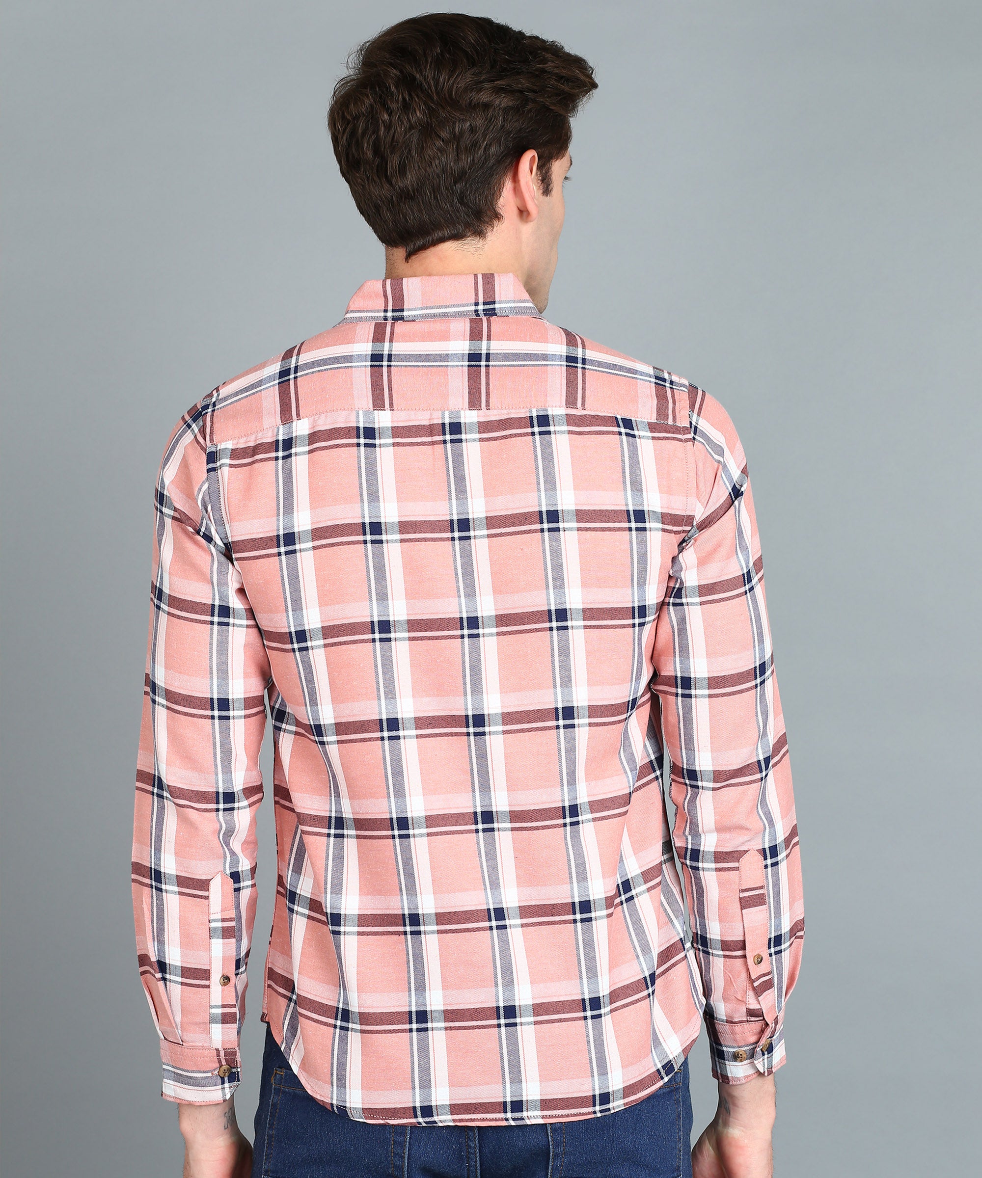 Men's Pink Cotton Full Sleeve Slim Fit Casual Checkered Shirt