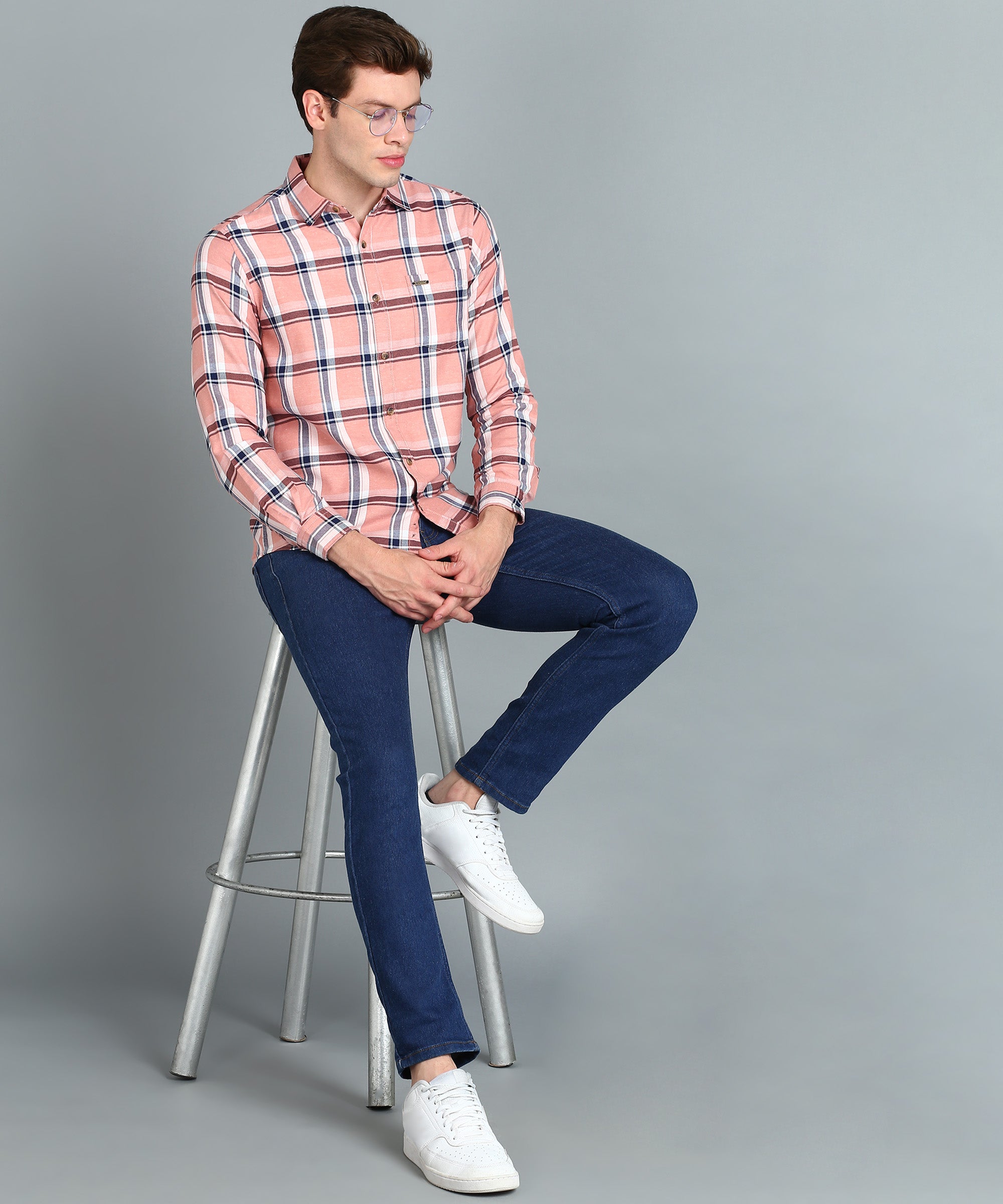 Men's Pink Cotton Full Sleeve Slim Fit Casual Checkered Shirt