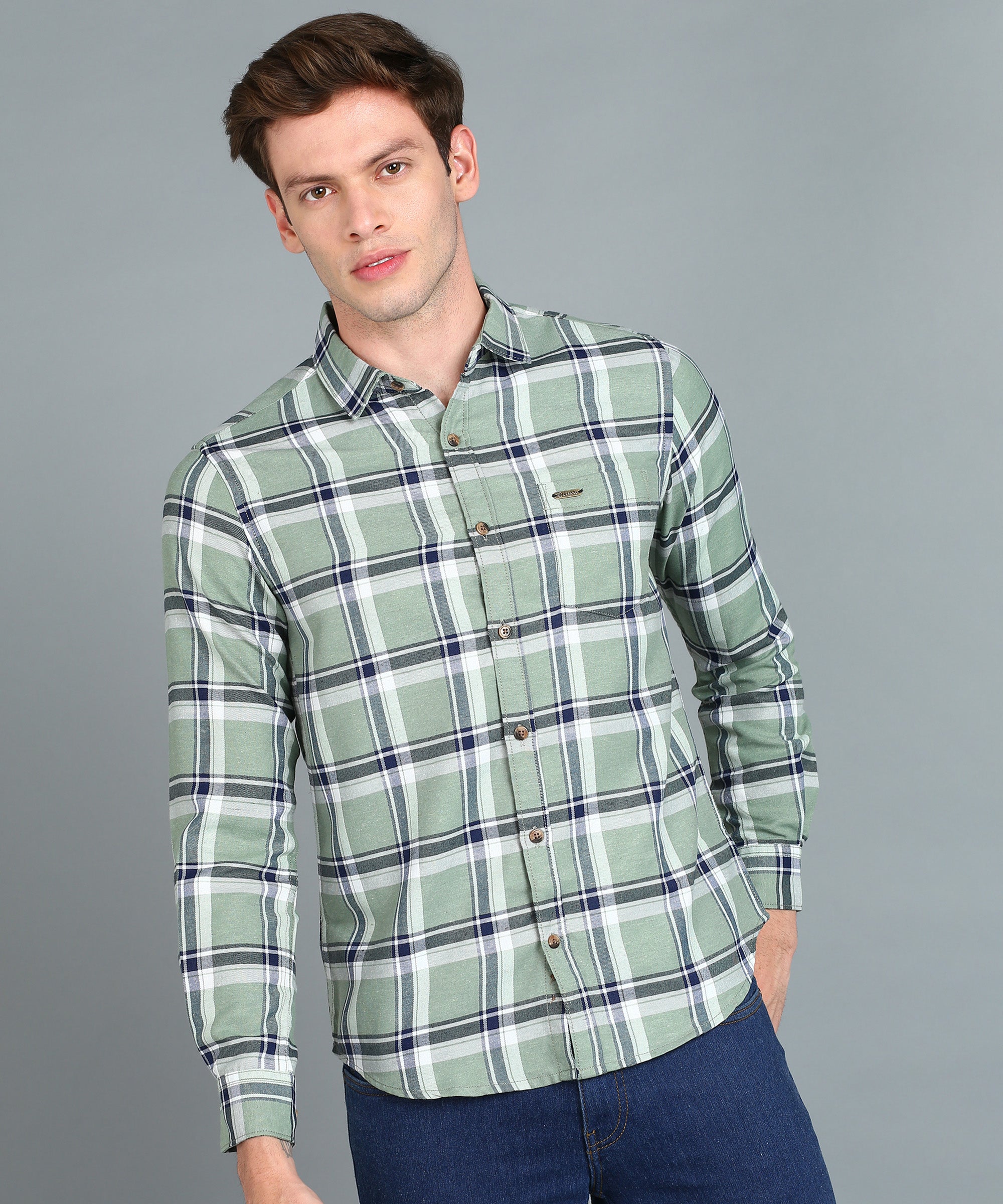 Men's Grey Cotton Full Sleeve Slim Fit Casual Checkered Shirt