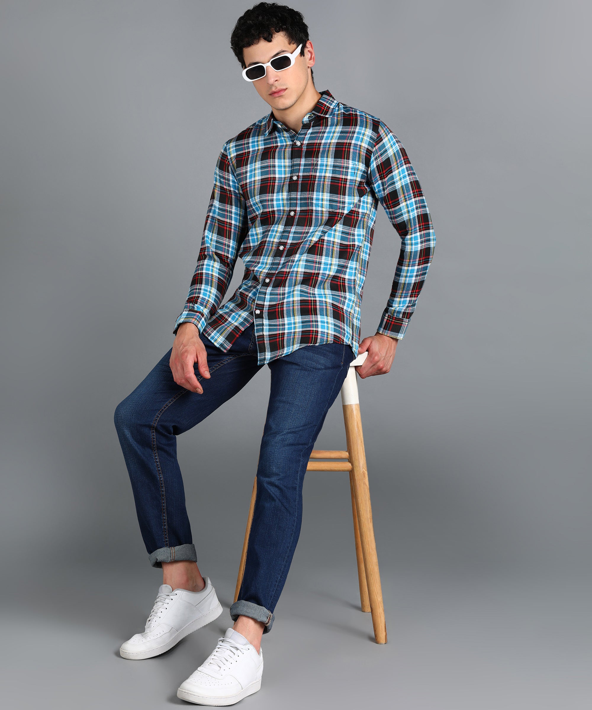 Men's Blue Cotton Full Sleeve Slim Fit Casual Checkered Shirt