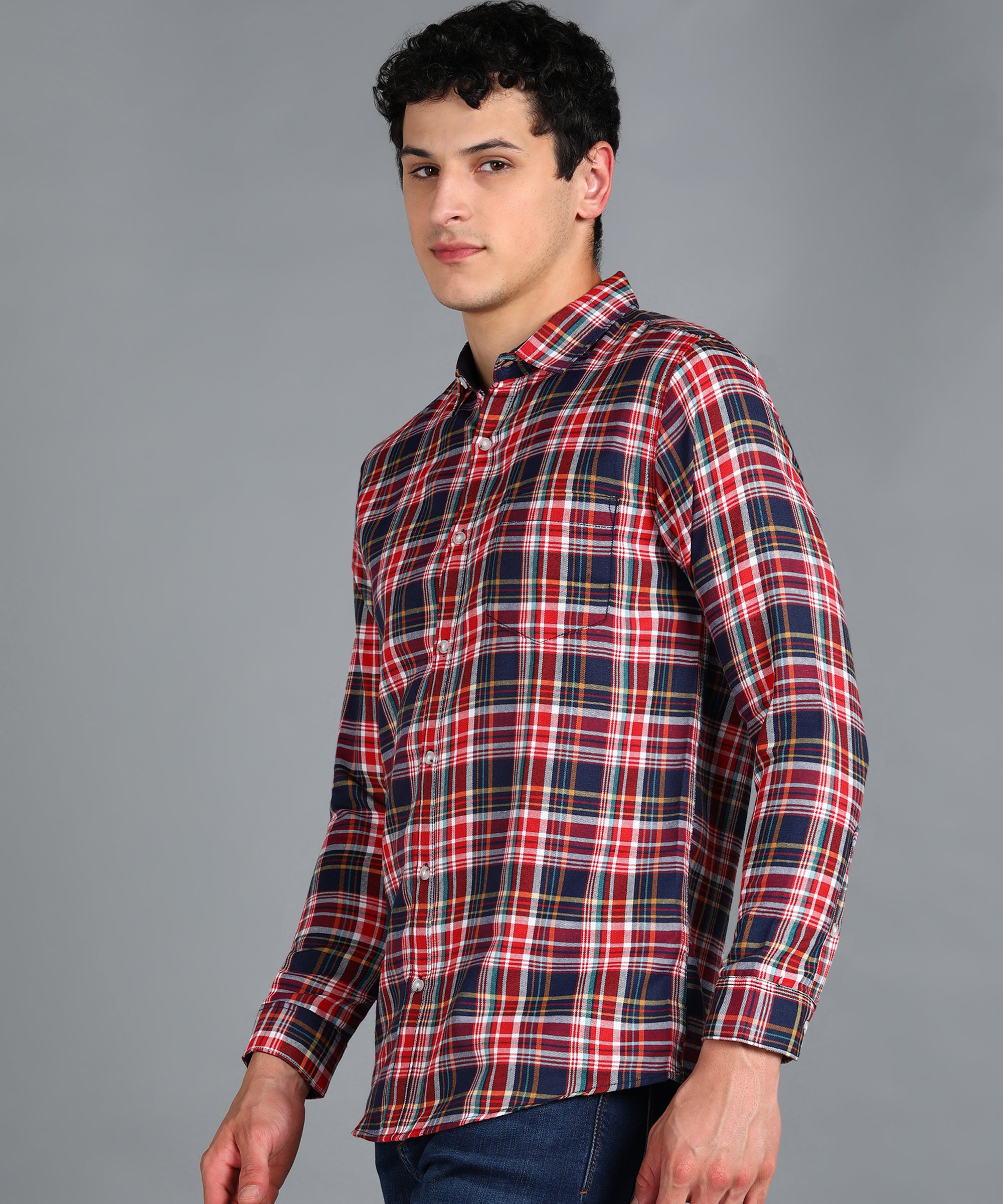 Men's Red Cotton Full Sleeve Slim Fit Casual Checkered Shirt