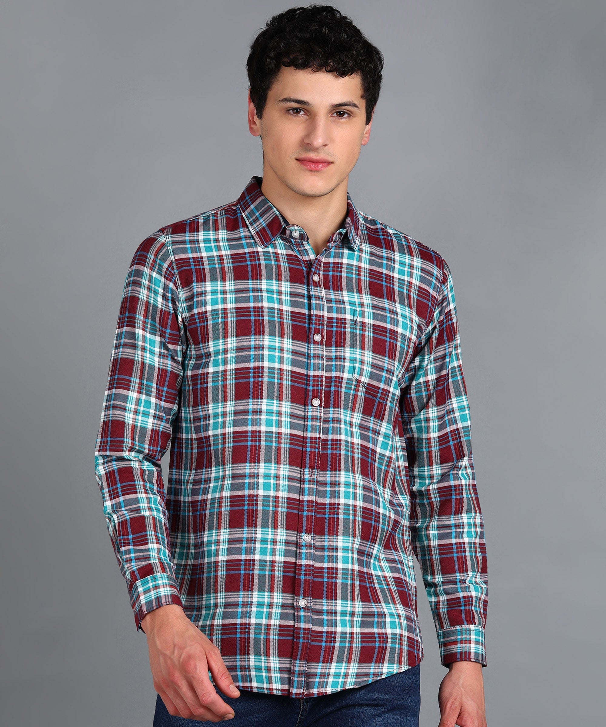 Men's Maroon Cotton Full Sleeve Slim Fit Casual Checkered Shirt