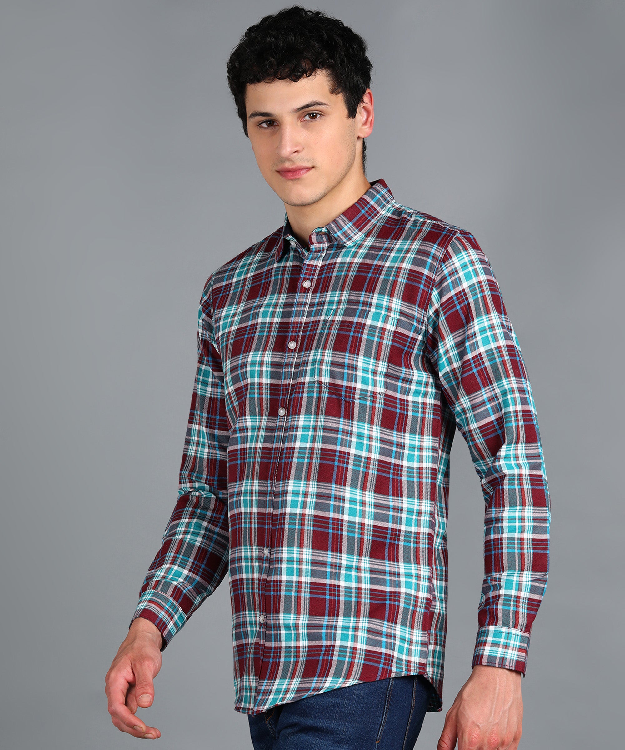 Men's Maroon Cotton Full Sleeve Slim Fit Casual Checkered Shirt