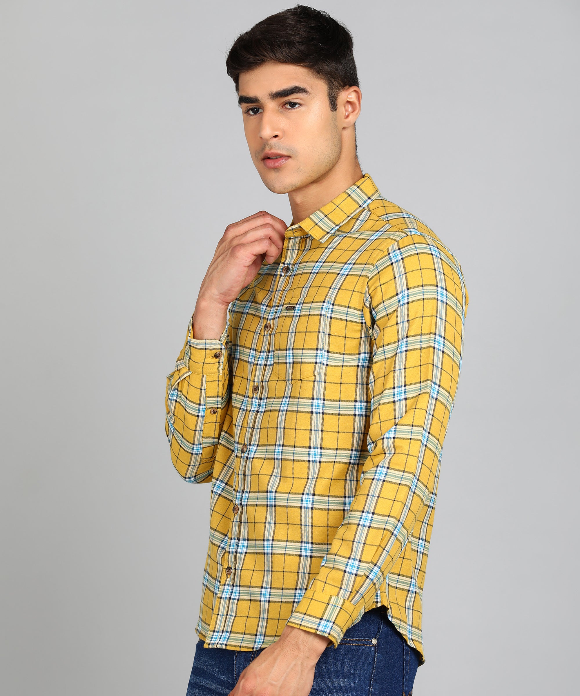 Men's Yellow Cotton Full Sleeve Slim Fit Casual Checkered Shirt
