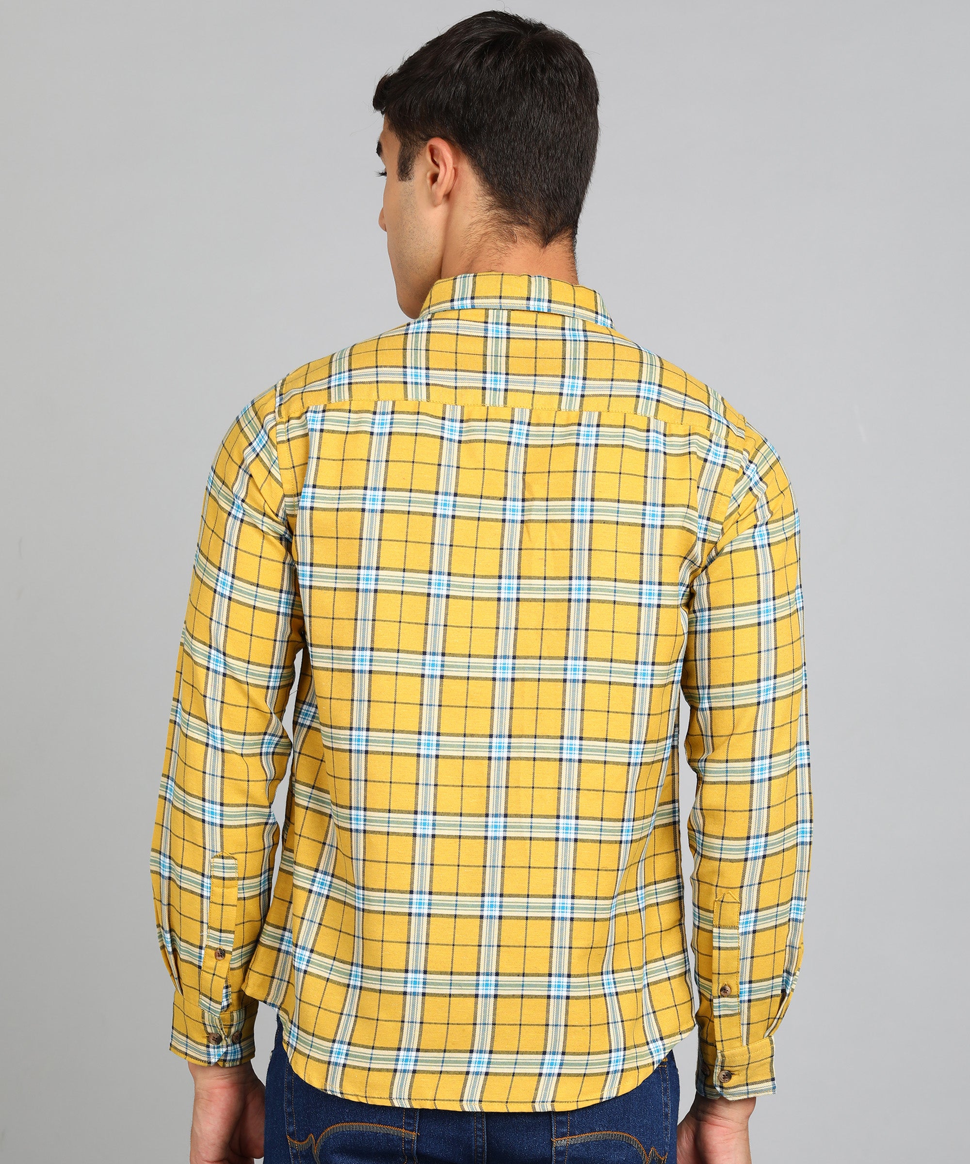 Men's Yellow Cotton Full Sleeve Slim Fit Casual Checkered Shirt