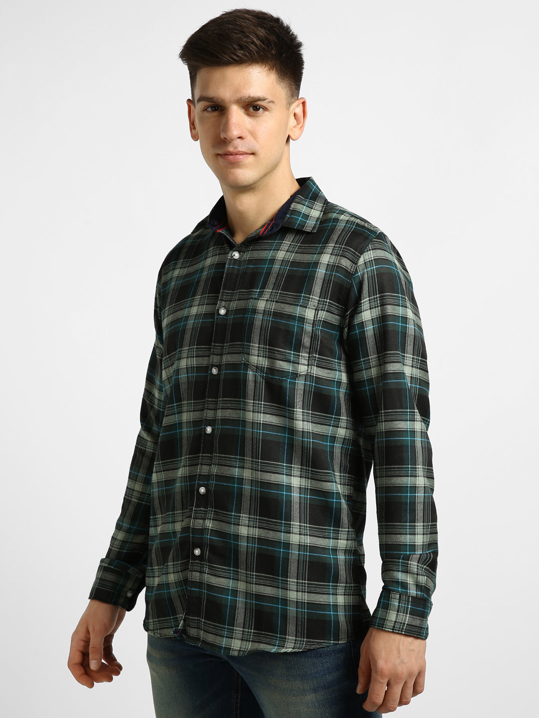 Men's Green Cotton Full Sleeve Slim Fit Casual Checkered Shirt with Hooded Collar