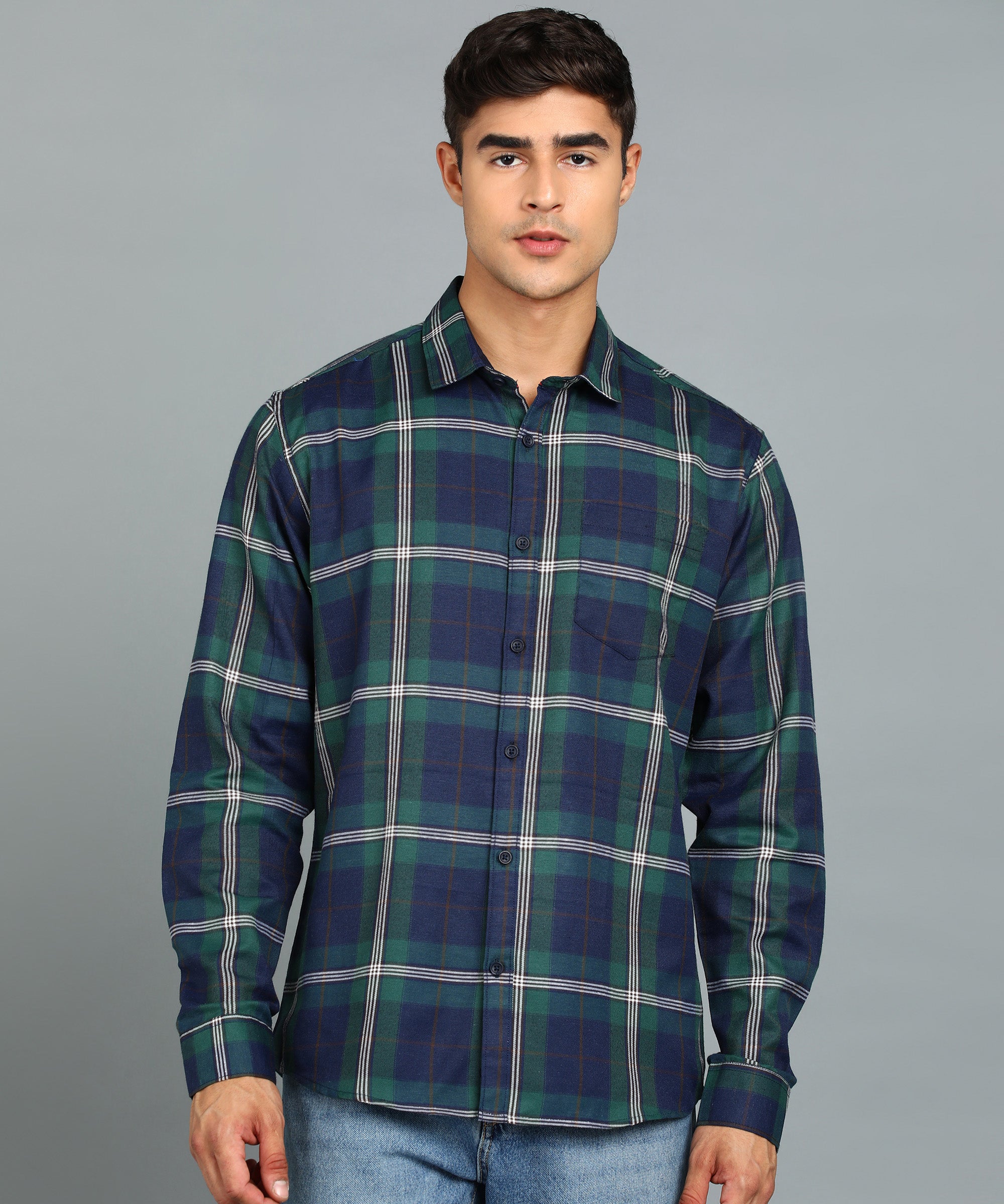 Men's Green Cotton Full Sleeve Slim Fit Casual Checkered Shirt