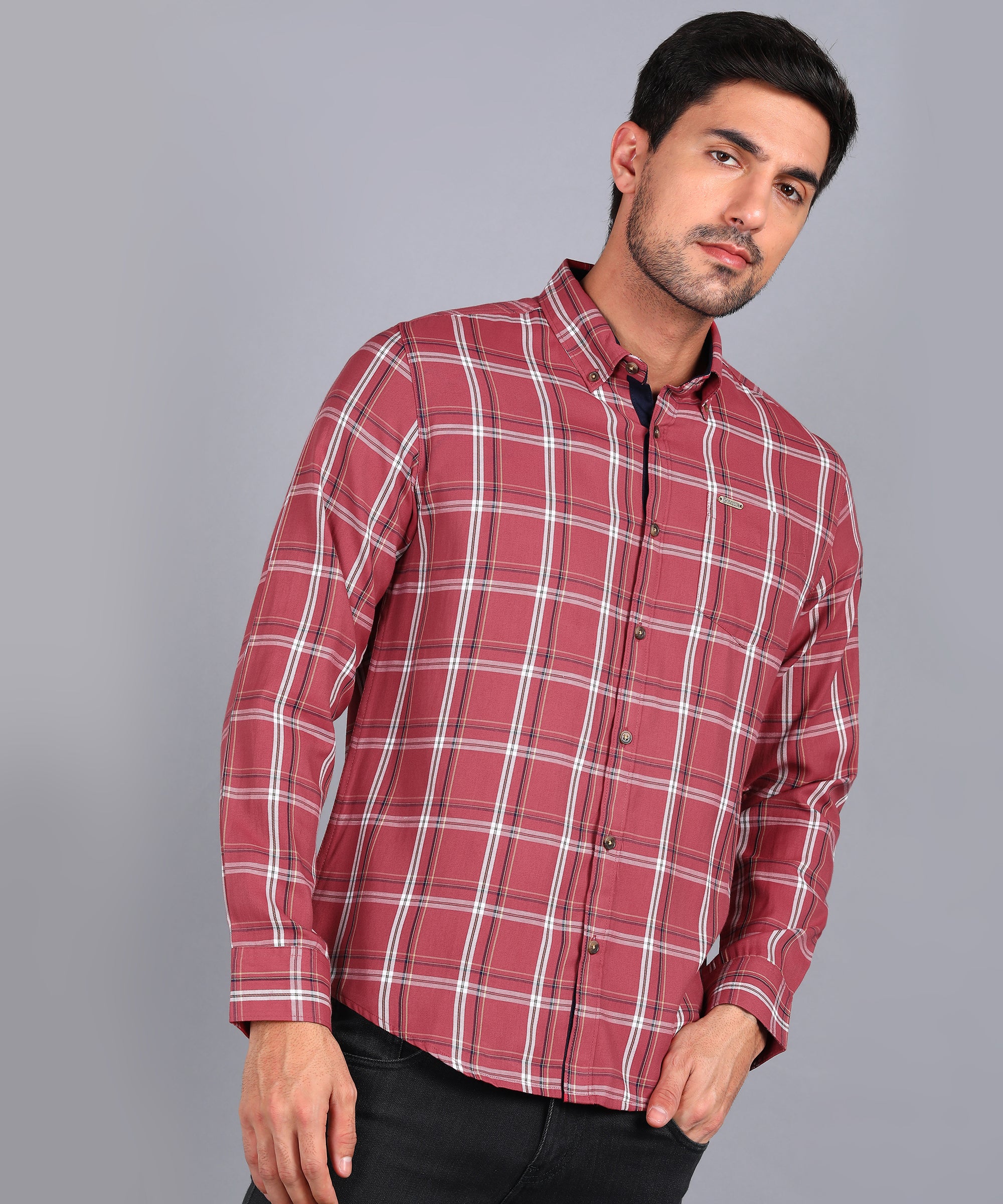 Men's Red Cotton Full Sleeve Slim Fit Casual Checkered Shirt