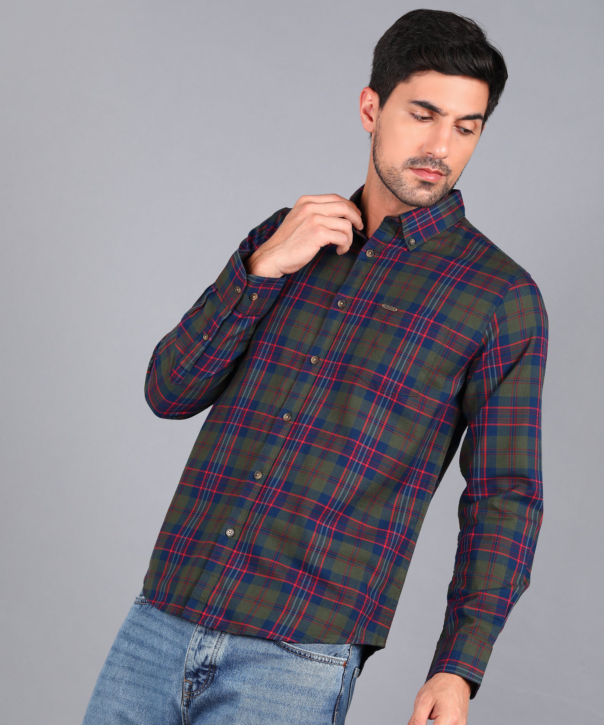 Men's Olive Green Cotton Full Sleeve Slim Fit Casual Checkered Shirt