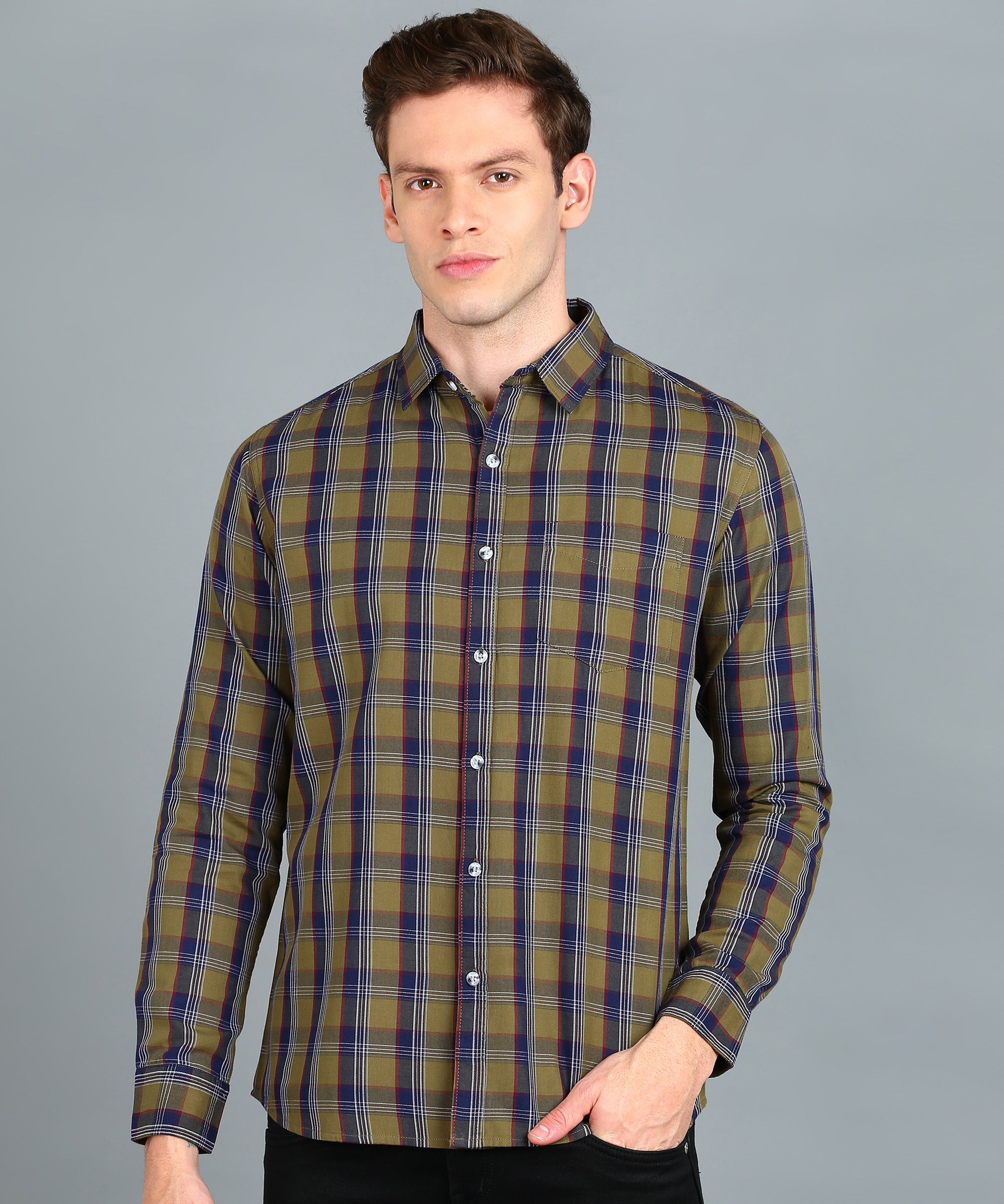 Men's Beige, Blue Cotton Full Sleeve Slim Fit Casual Checkered Shirt