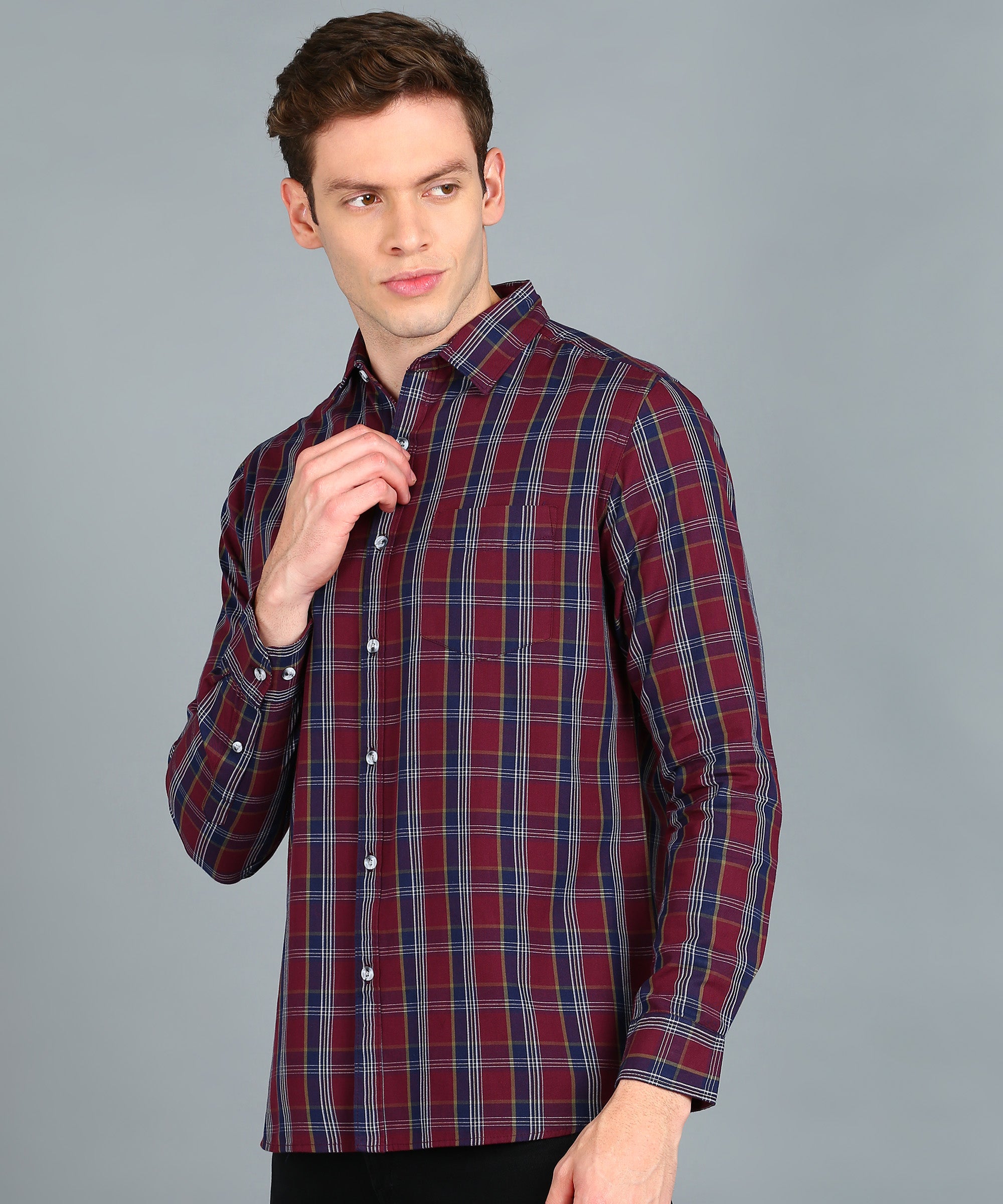 Men's Maroon, Blue Cotton Full Sleeve Slim Fit Casual Checkered Shirt