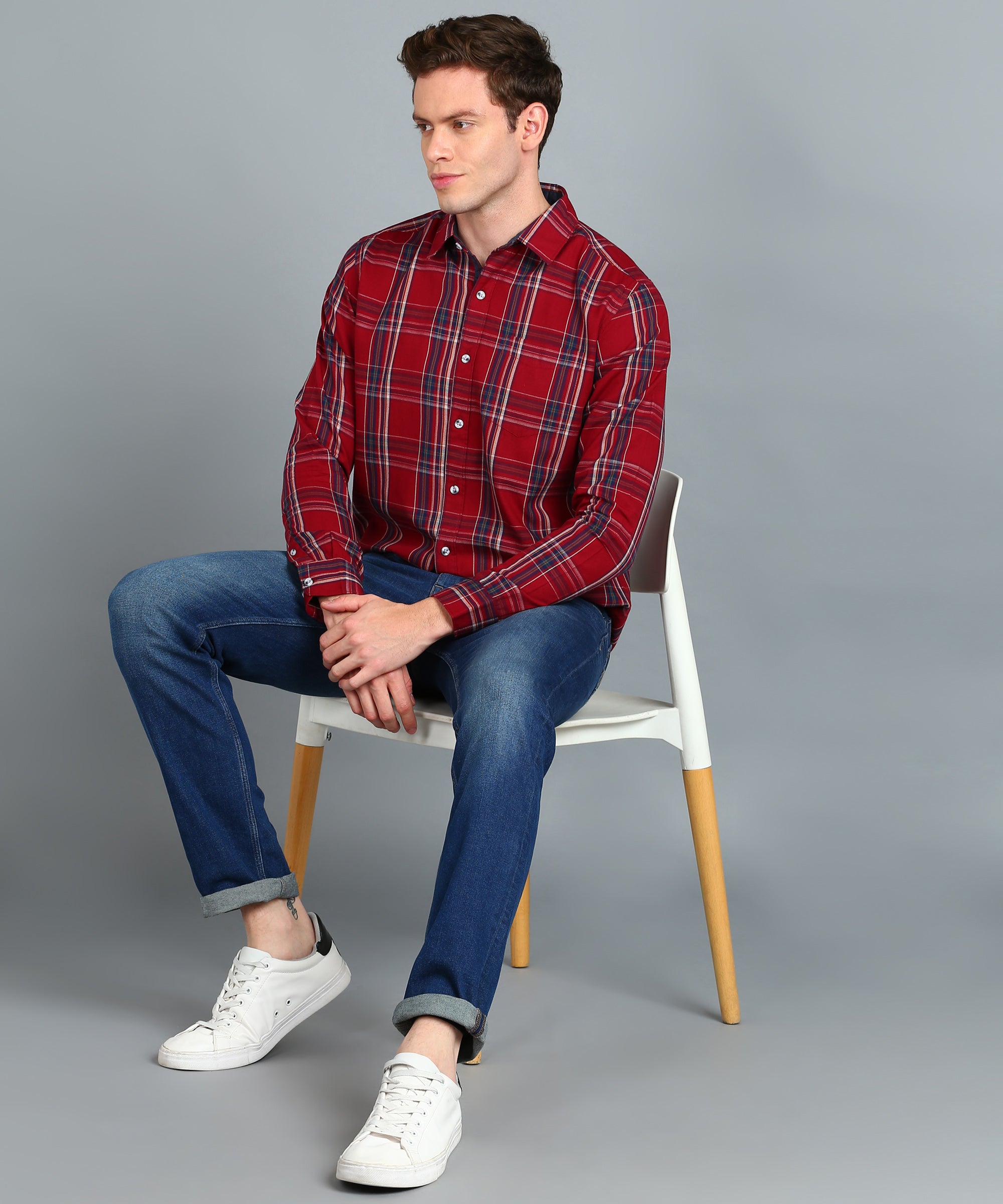 Men's Red Cotton Full Sleeve Slim Fit Casual Checkered Shirt