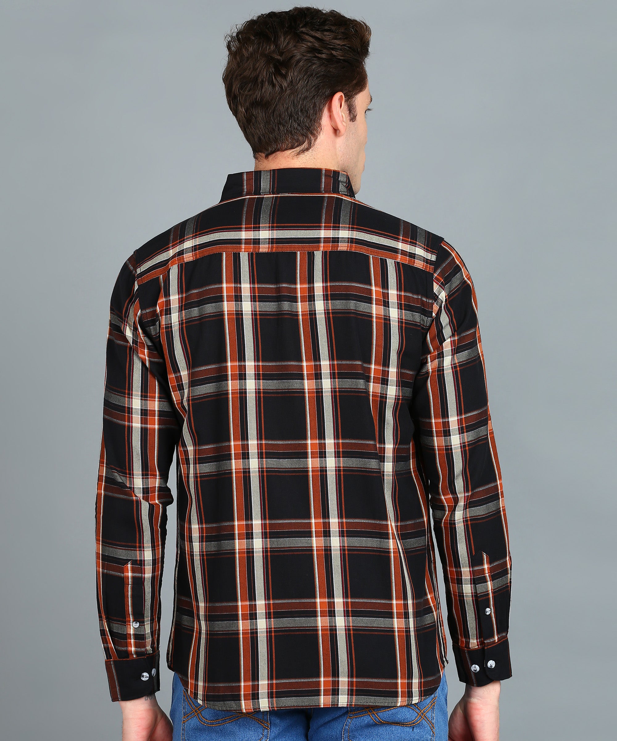 Men's Black, Orange Cotton Full Sleeve Slim Fit Casual Checkered Shirt