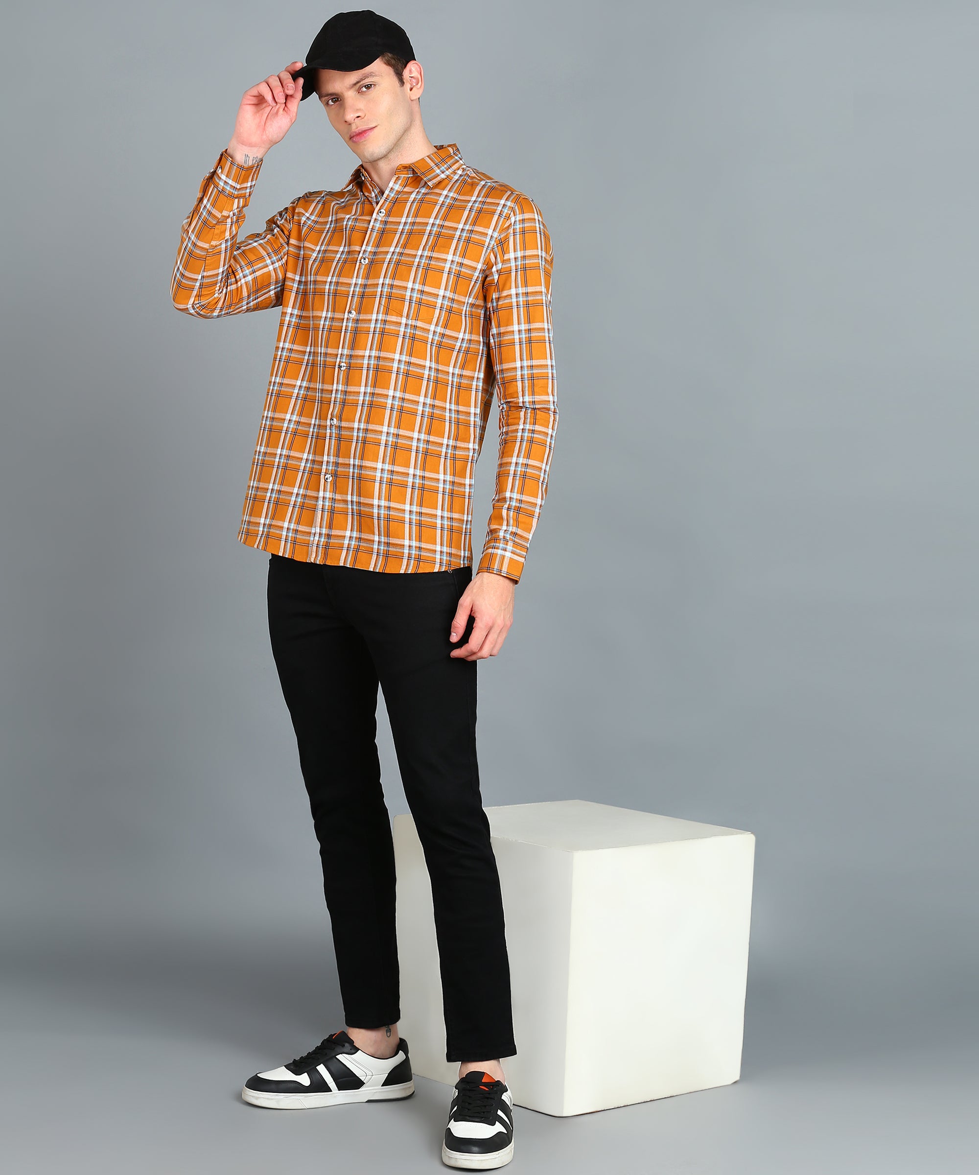 Men's Yellow Cotton Full Sleeve Slim Fit Casual Checkered Shirt