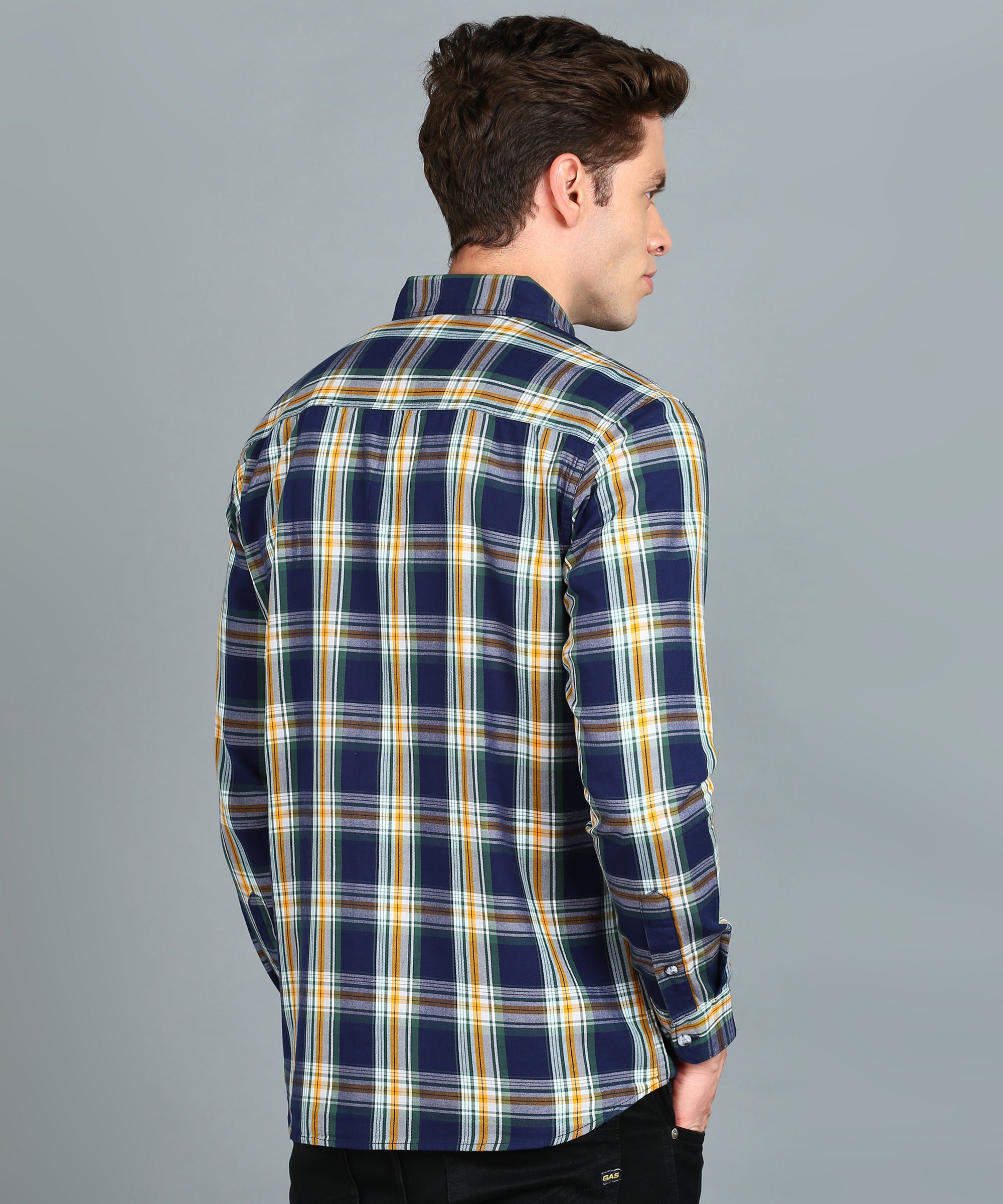 Men's Navy Blue Cotton Full Sleeve Slim Fit Casual Checkered Shirt