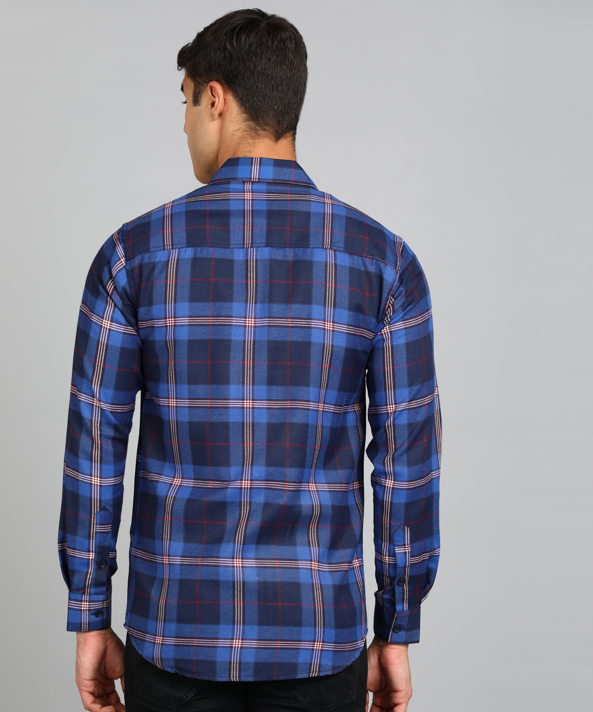 Men's Blue Cotton Full Sleeve Slim Fit Casual Checkered Shirt