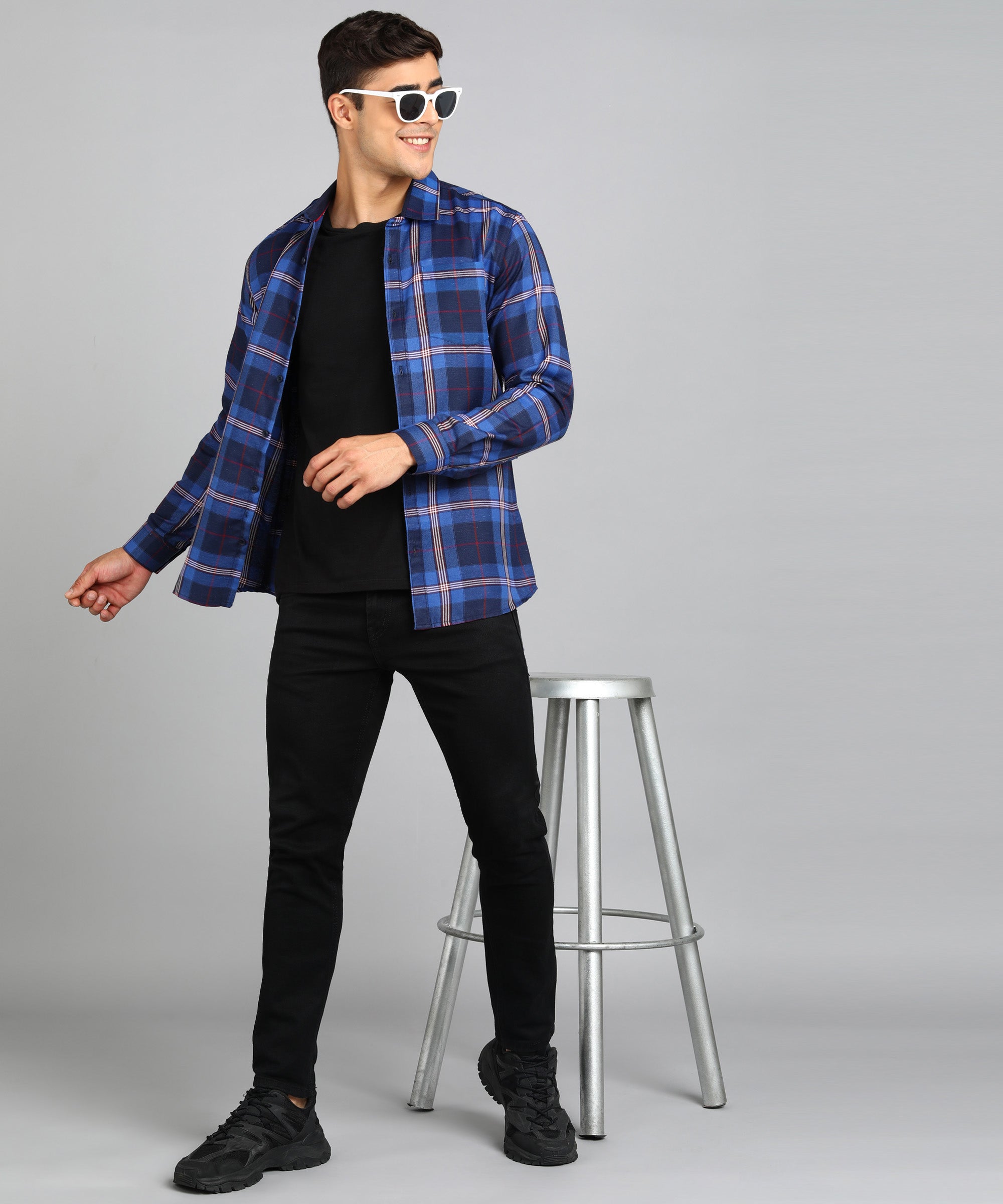 Men's Blue Cotton Full Sleeve Slim Fit Casual Checkered Shirt