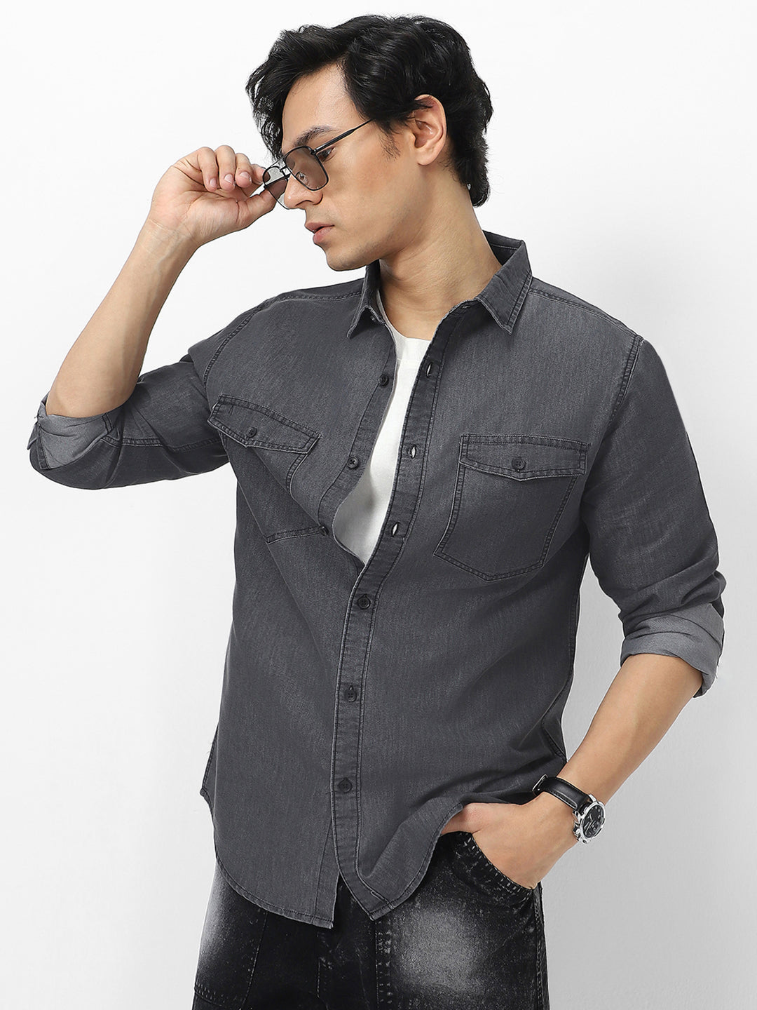 Men's Dark Grey Full Sleeve Regular Fit Casual Denim Shirt