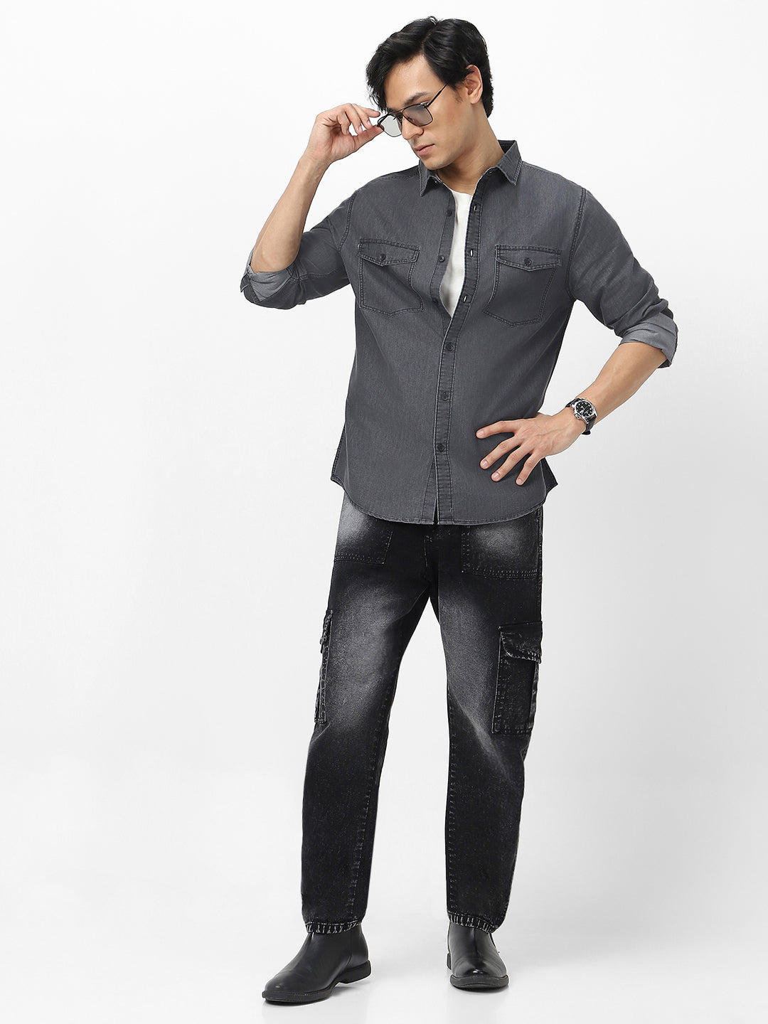 Men's Dark Grey Full Sleeve Regular Fit Casual Denim Shirt