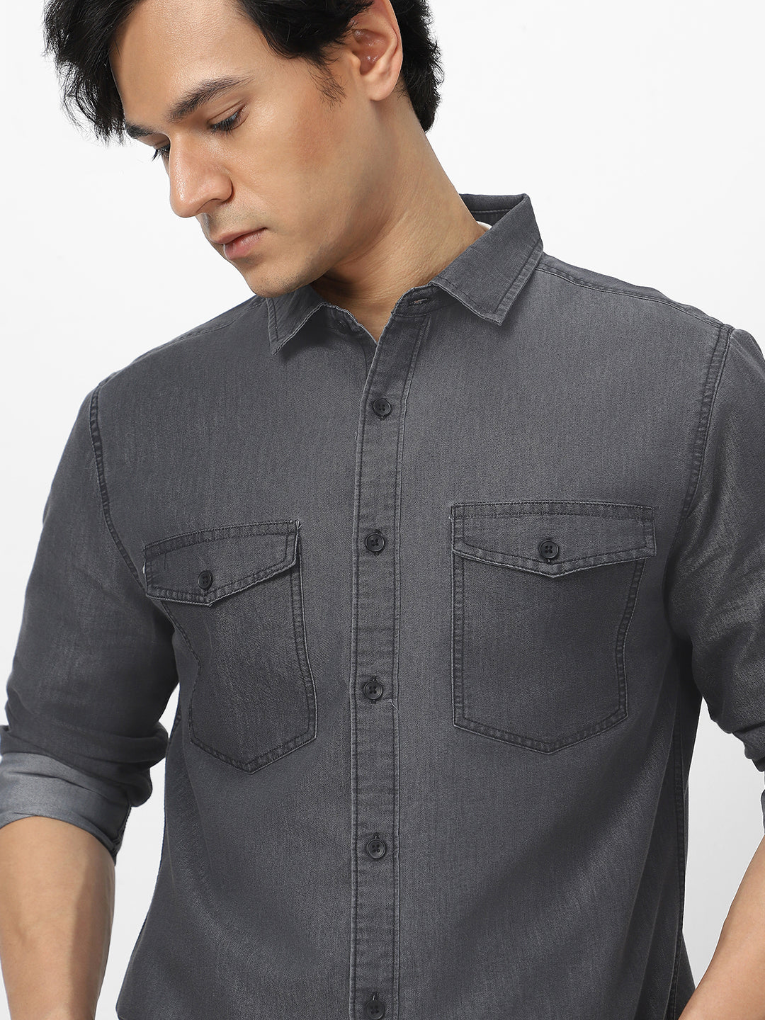 Men's Dark Grey Full Sleeve Regular Fit Casual Denim Shirt