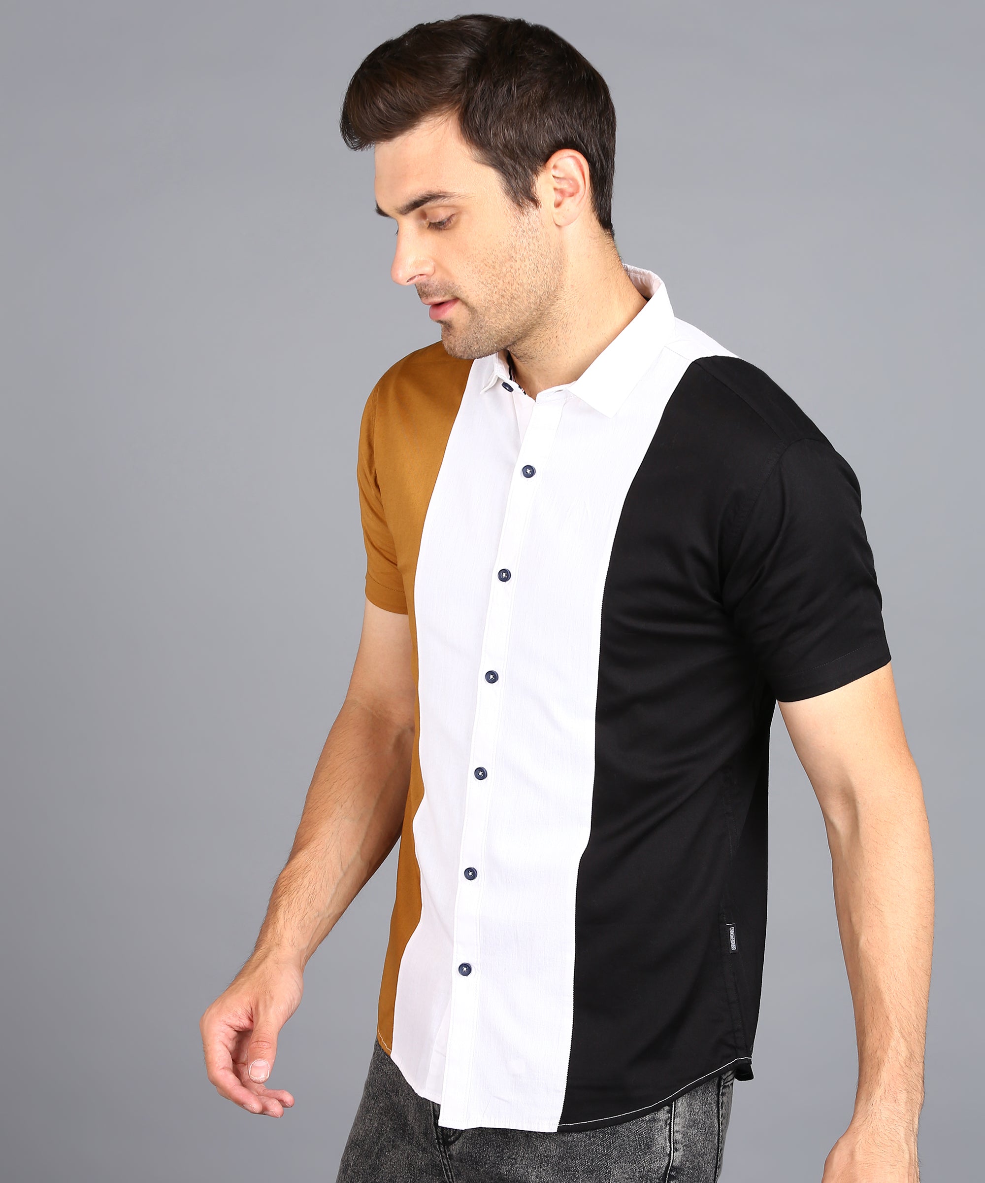 Men's Beige, Off White, Black Cotton Half Sleeve Slim Fit Casual Colorblock Shirt